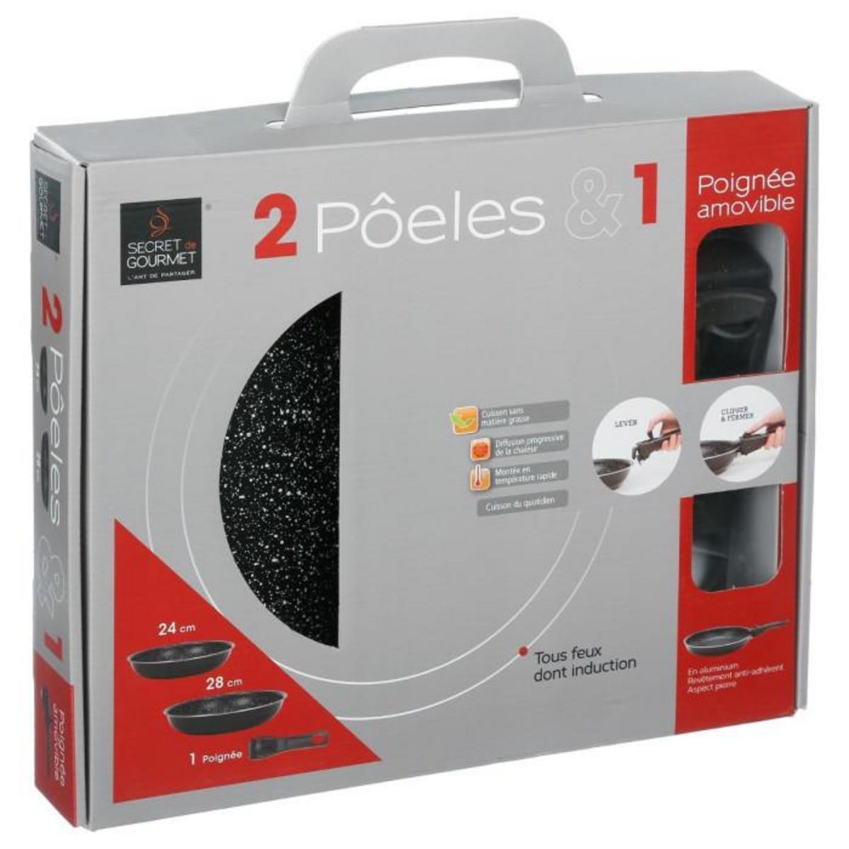 FIVE Lot de 2 grandes Poêles avec 1 poignée amovible - Noir
