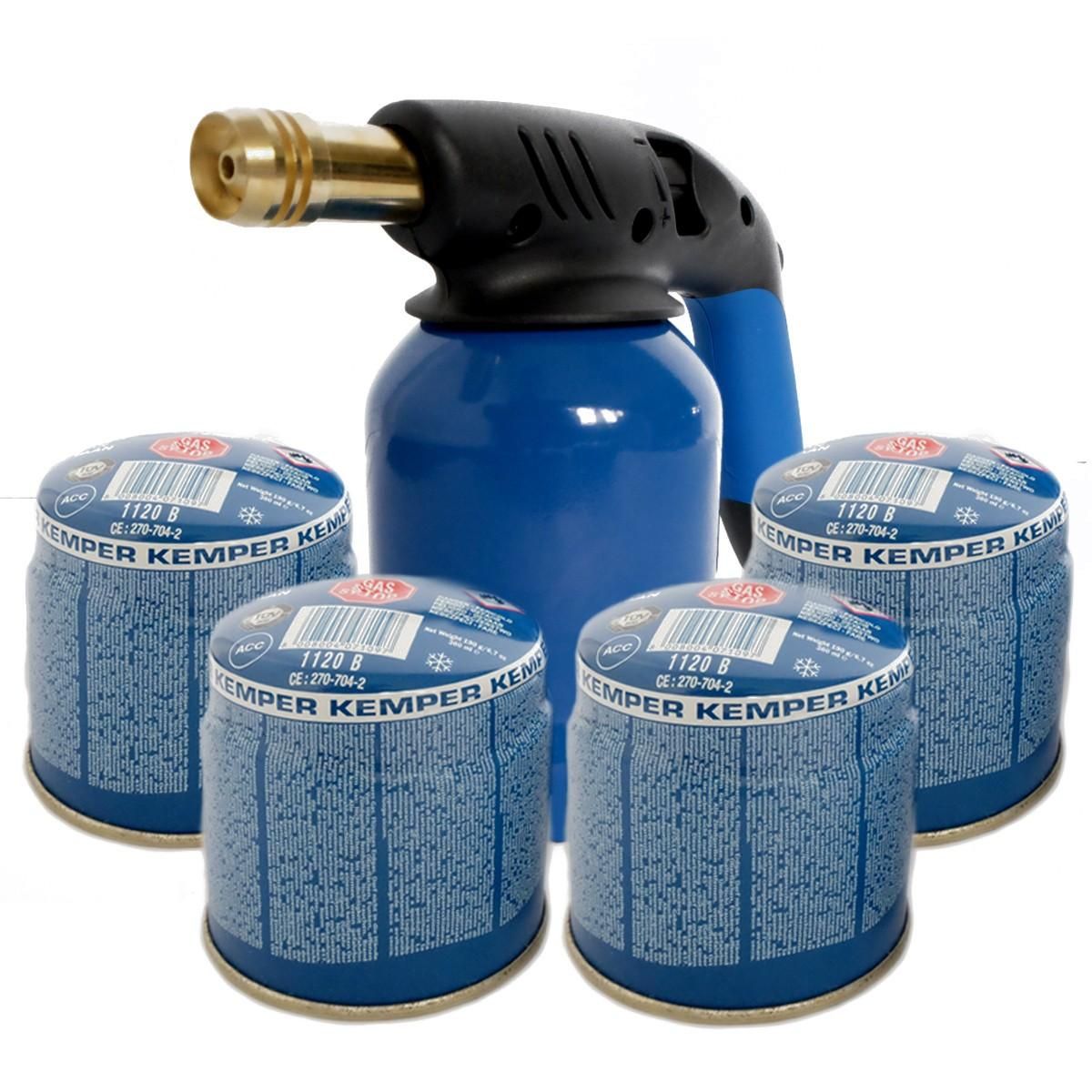 Kemper Lampe a souder Coque Acier llumage piezo + 4 Cartouches de gaz 190gr STOP GAZ Perçables KEMPER