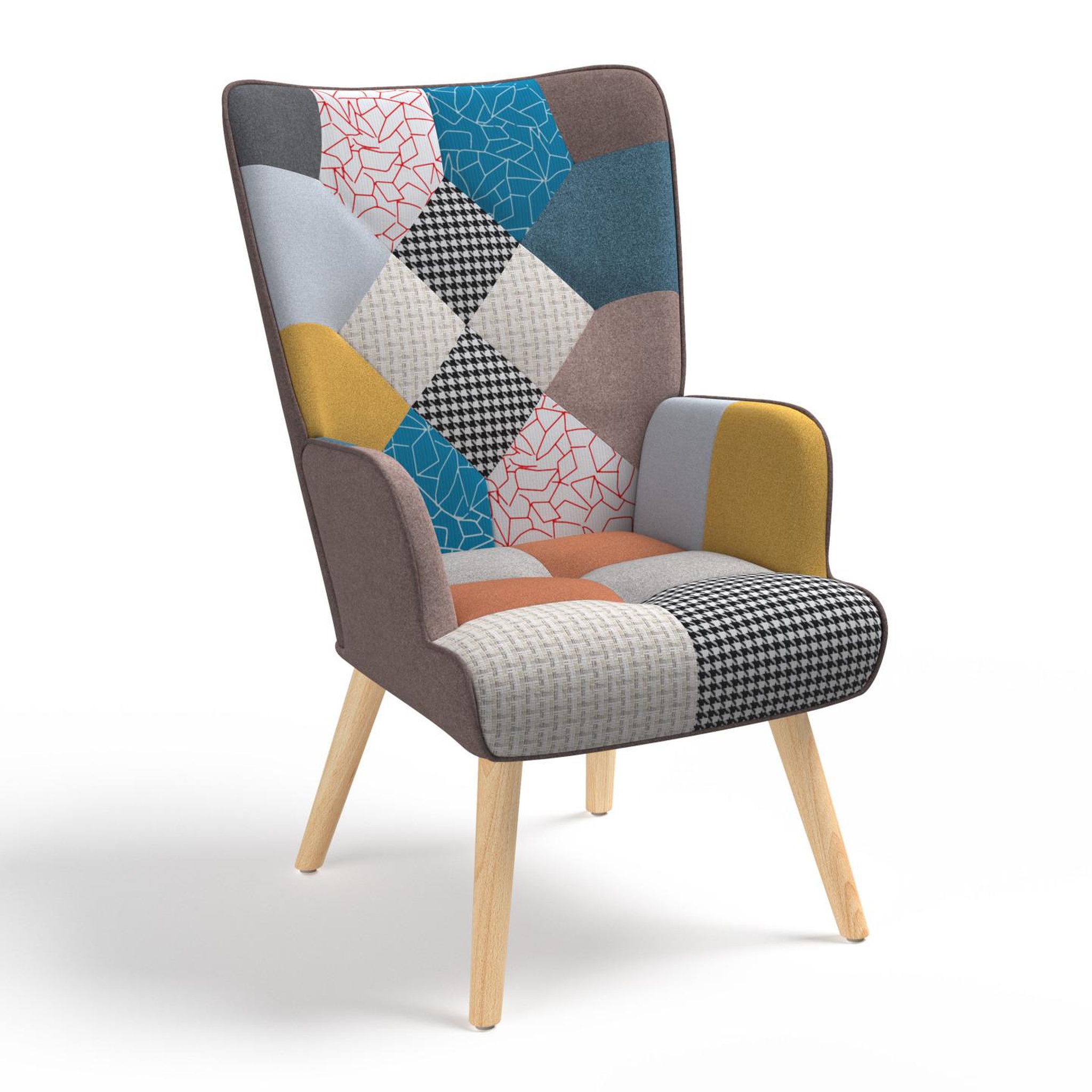 ID MARKET Fauteuil scandinave ivar en tissu patchwork multicouleurs