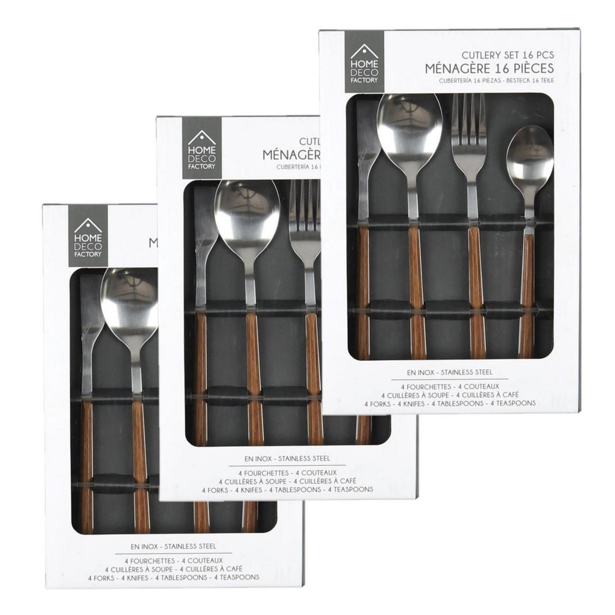 TOILINUX Lot de 3 Ménagères effet Bois - 48 couverts - Marron