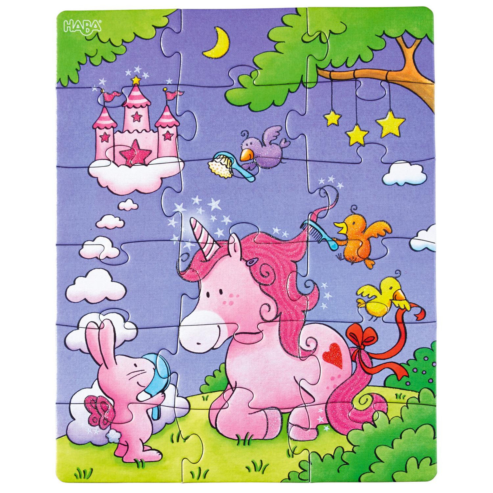 Voir la diapositive 4 : Haba Puzzles de 12 à 18 pièces : 3 puzzles : licornes dans les nuages
