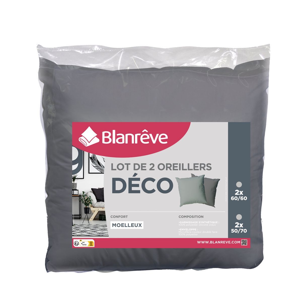 BLANREVE Lot de 2 oreillers bicolore en microfibre 