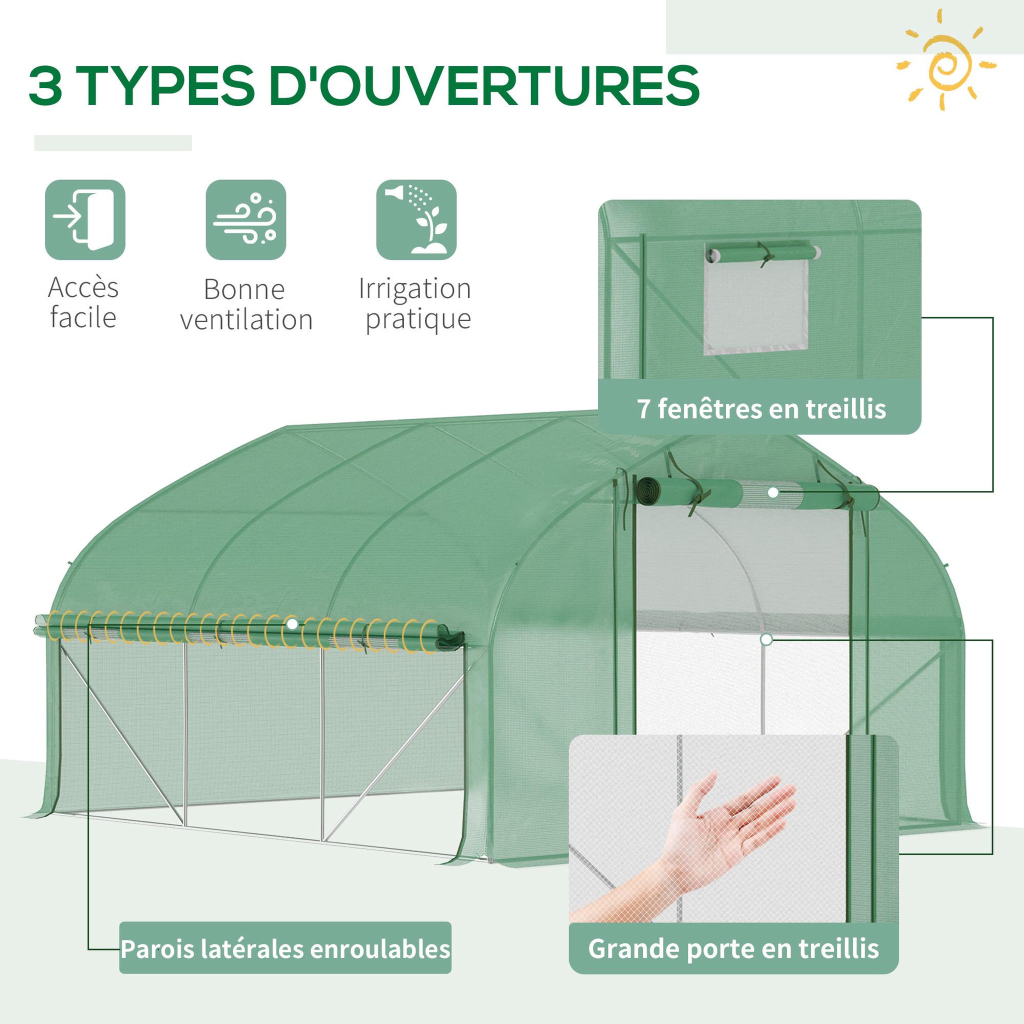 Voir la diapositive 4 : OUTSUNNY Serre de jardin tunnel 10,4 m² - 6 fenêtres et porte zippée avec moustiquaires - acier galvanisé pe vert