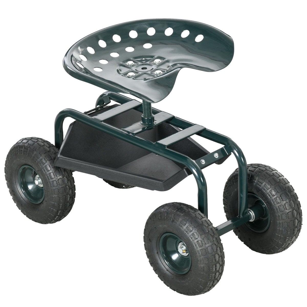 OUTSUNNY 2 en 1 tabouret pivotant réglable chariot mobile de jardin charge max. 150 Kg rangement acier vert