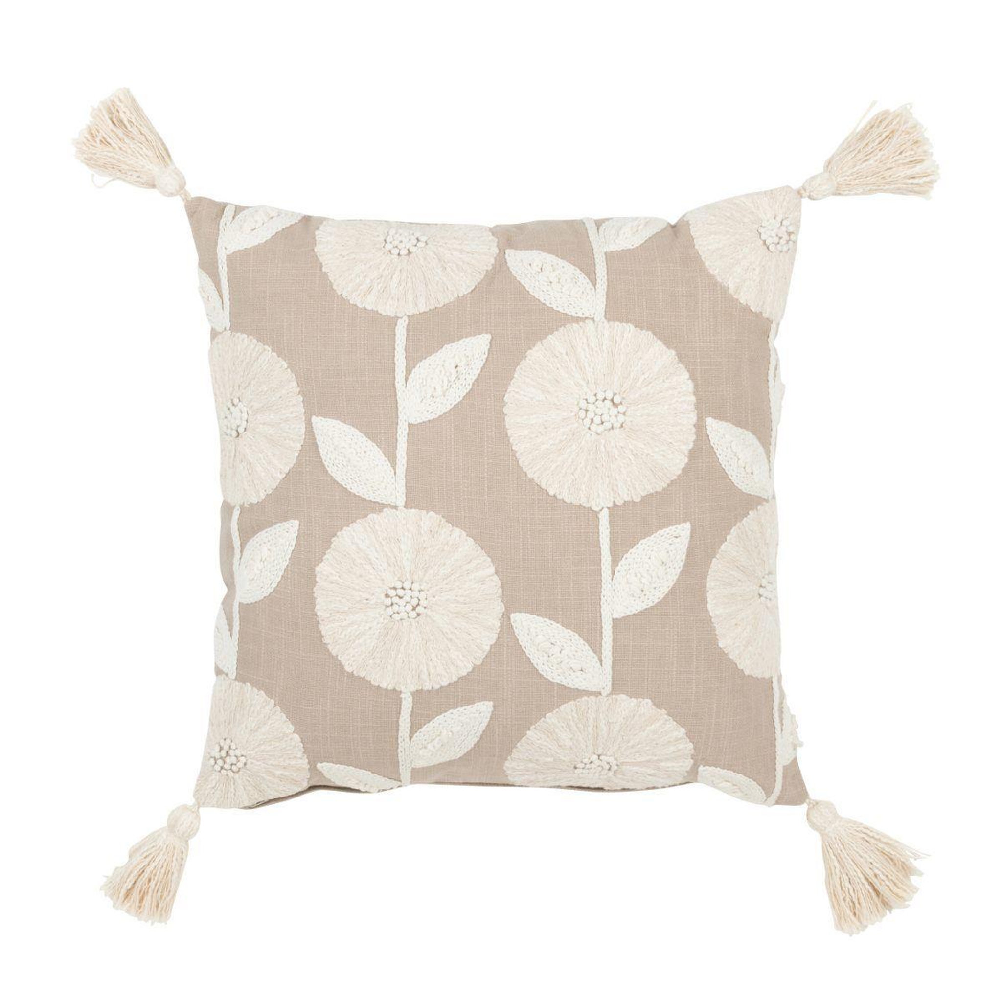 J-LINE Coussin déco brodé  fleurs  45x45cm beige
