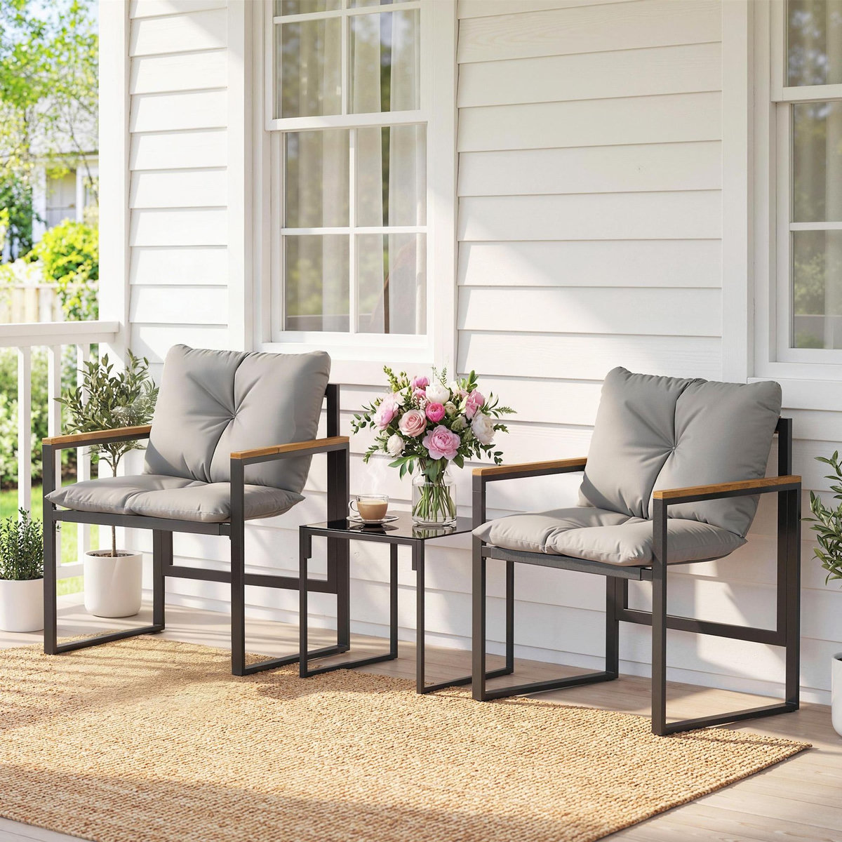 OUTSUNNY Salon de jardin 2 places 2 fauteuils 1 table basse métal gris