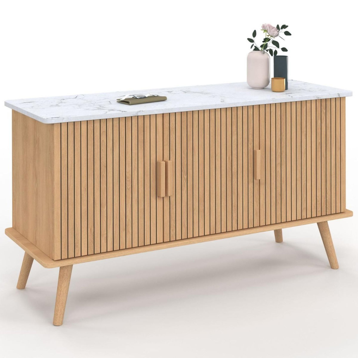 ID MARKET Buffet 110 cm JULIETTE plateau effet marbre 3 portes lattes tasseau bois coloris chêne
