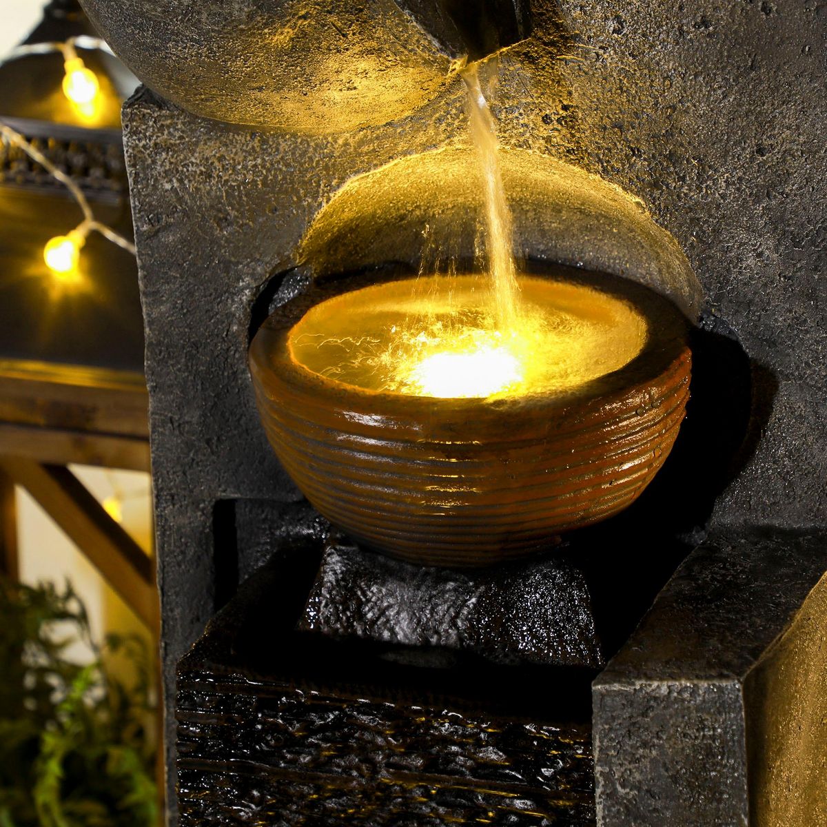 OUTSUNNY Fontaine de jardin à énergie solaire - fontaine cascade 5 niv. LED pompe incluse - résine gris marron