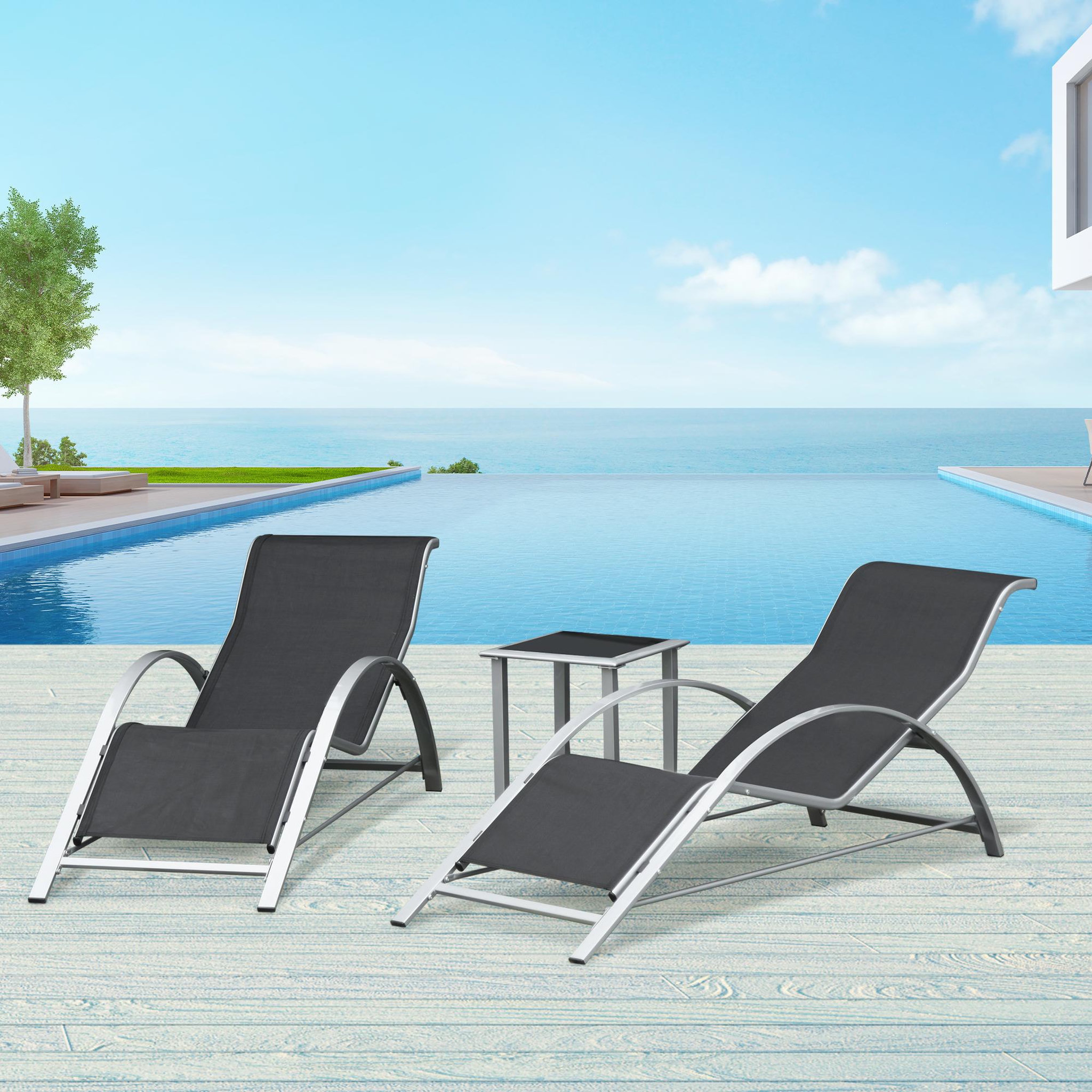 Voir la diapositive 2 : OUTSUNNY Lot de 2 bains de soleil design contemporain table basse plateau verre trempé métal époxy textilène gris foncé