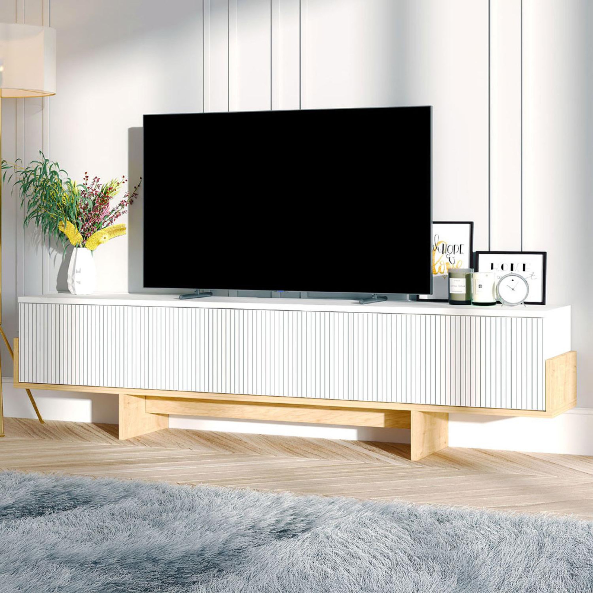 Voir la diapositive 3 : CONCEPT USINE Meuble tv avec placards blanc et bois 180cm wopi