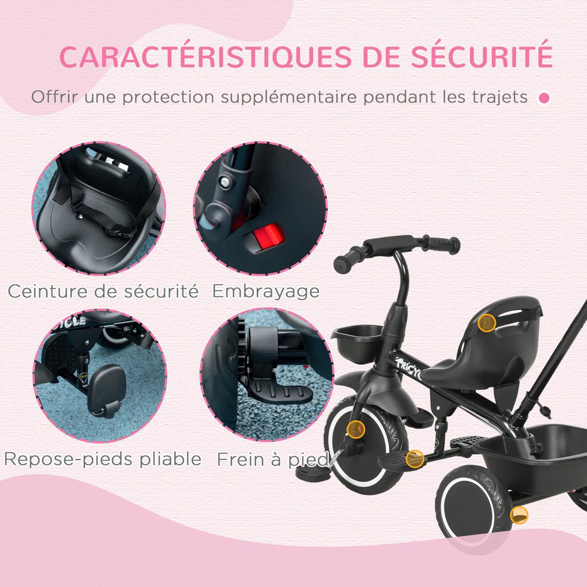 HOMCOM Tricycle 2 en 1 pour enfants avec poignée de poussée réglable, 2 paniers et pédales - pour 18 mois - 5 ans - noir