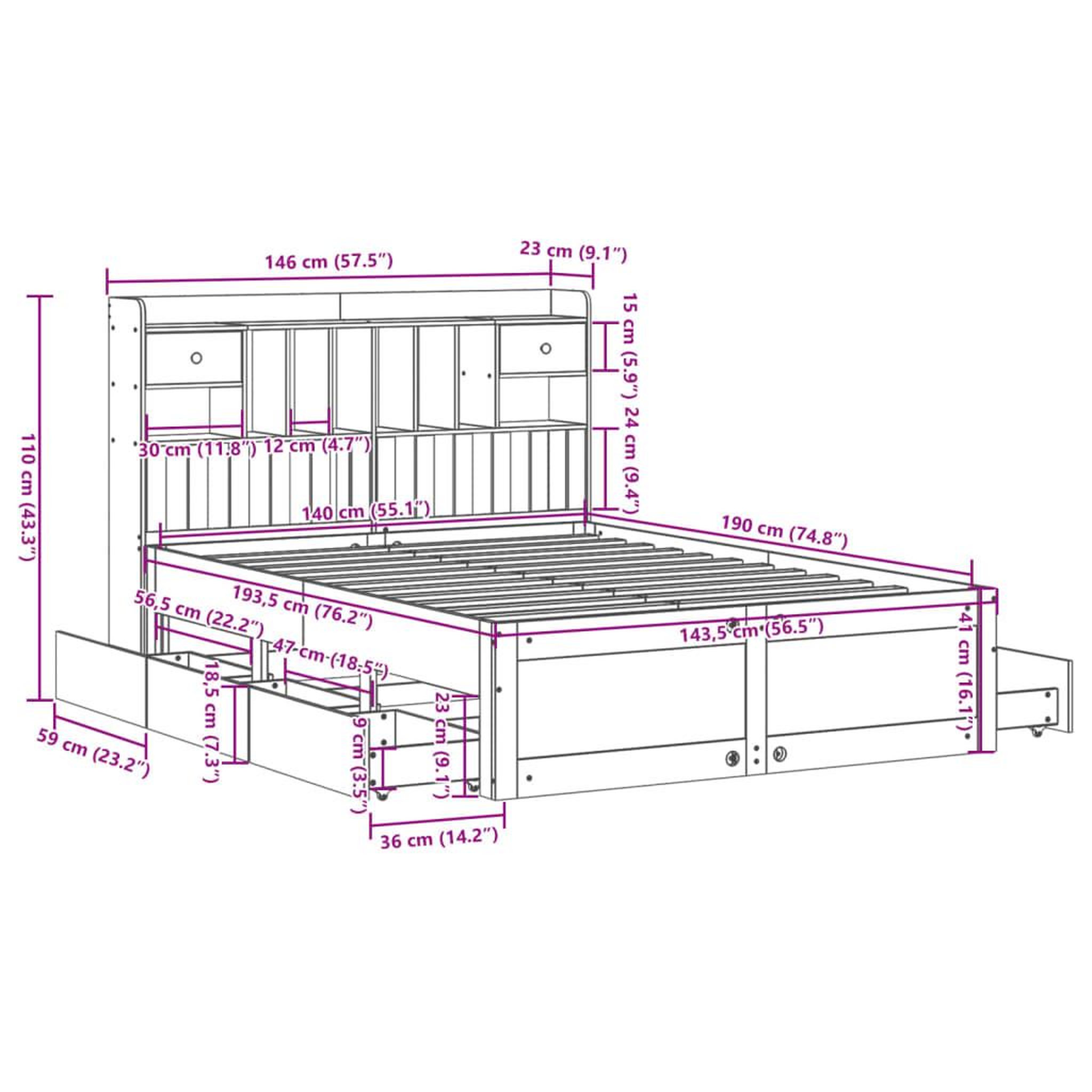 Voir la diapositive 6 : VIDAXL Lit bibliotheque sans matelas blanc 140x190 cm bois pin massif