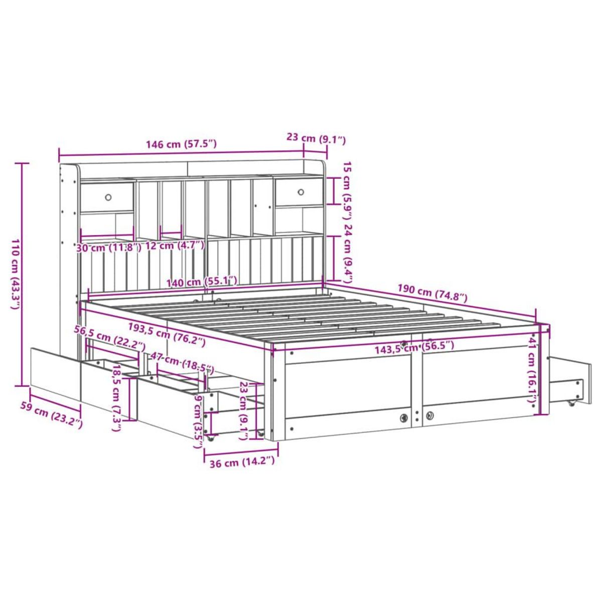 VIDAXL Lit bibliotheque sans matelas blanc 140x190 cm bois pin massif