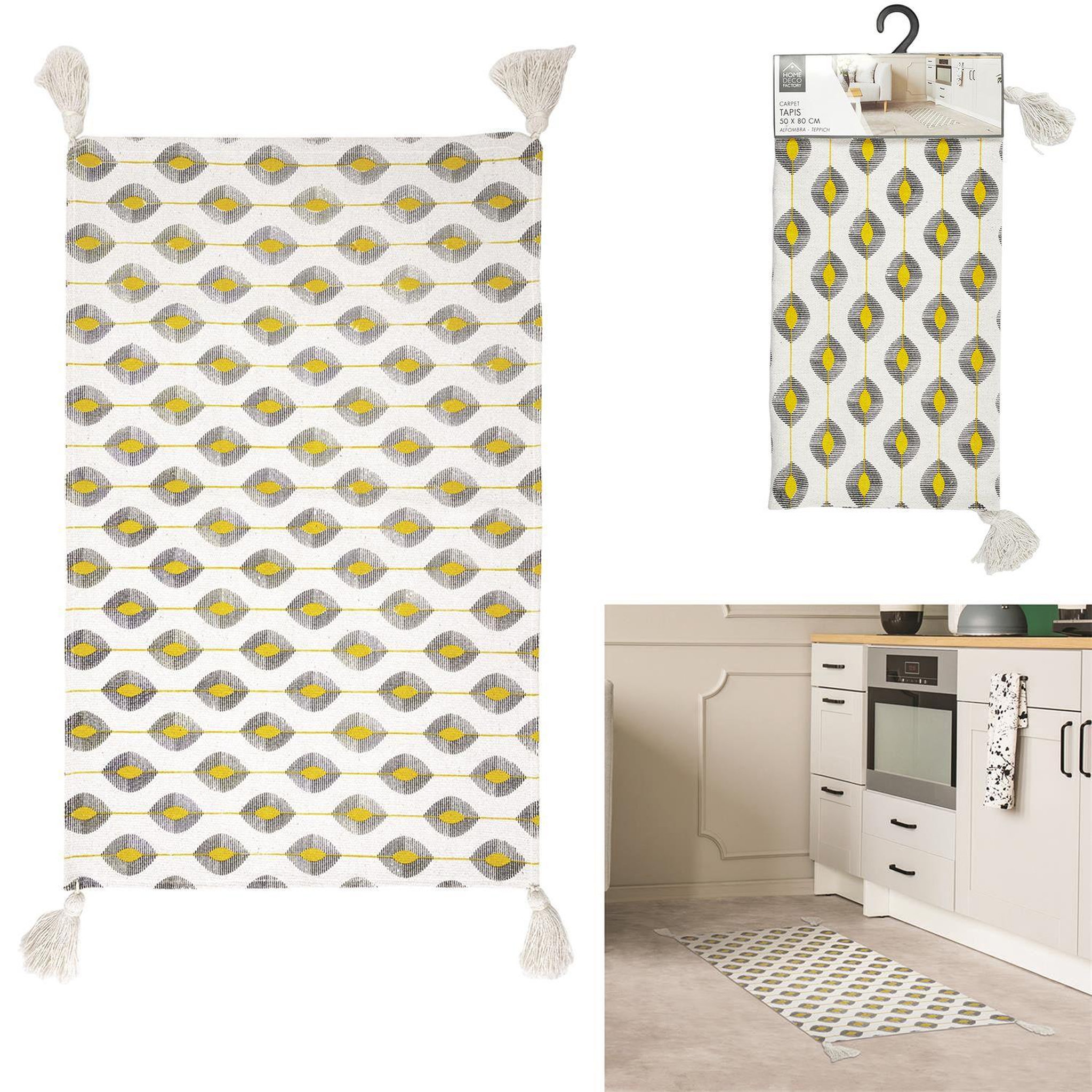 Voir la diapositive 2 : The Home Deco Factory Tapis à pompons modèle Zeste - Jaune/Noir/Blanc - 50 x 70 cm