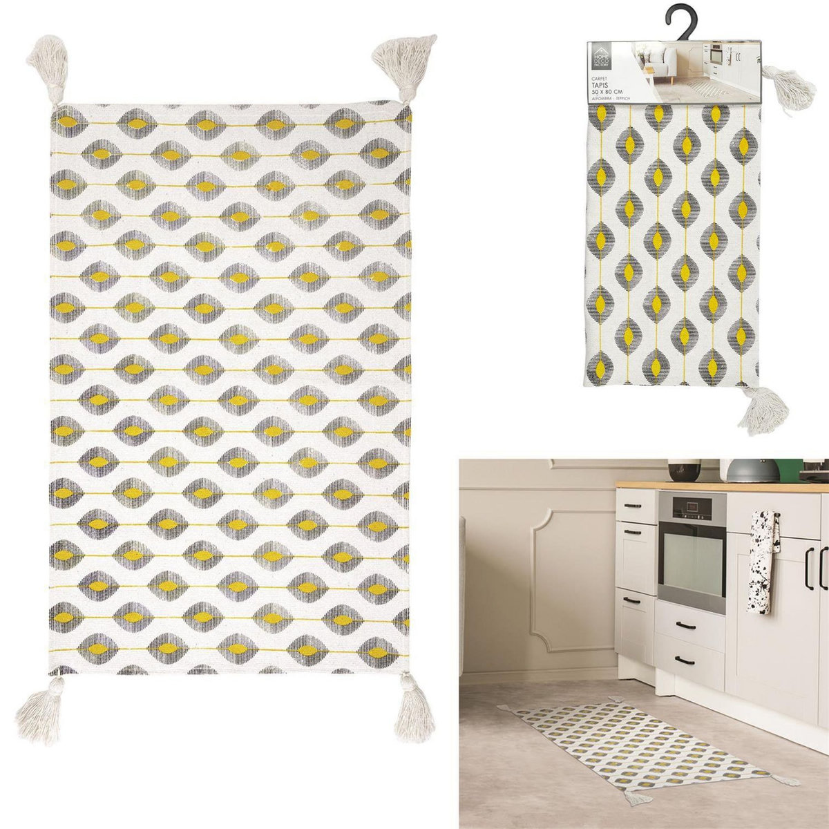 The Home Deco Factory Tapis à pompons modèle Zeste - Jaune/Noir/Blanc - 50 x 70 cm