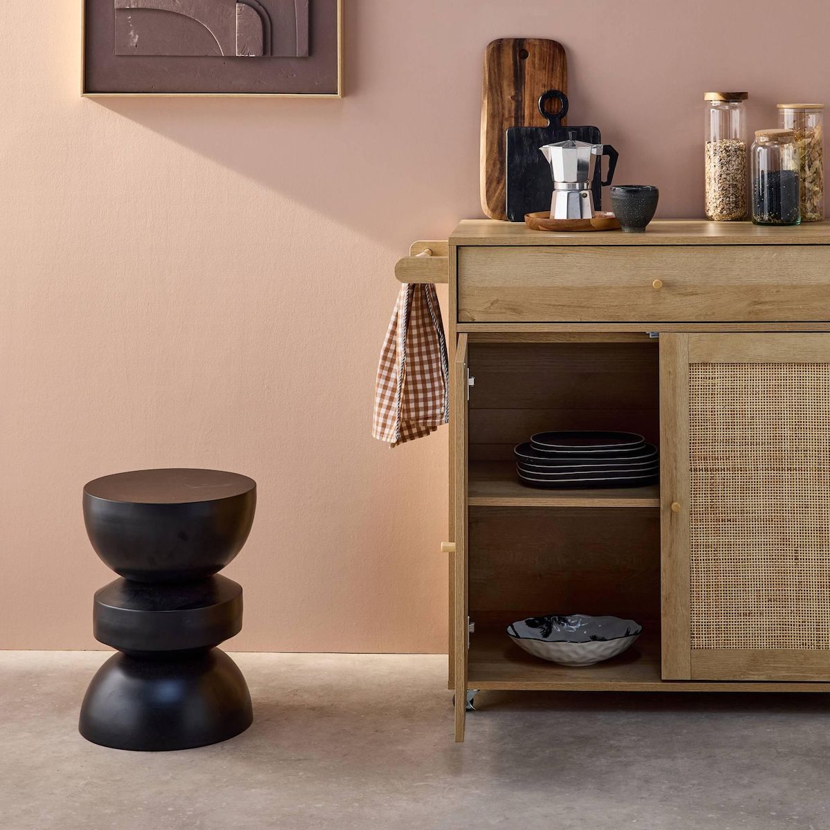 SWEEEK Desserte de cuisine BOHEME décor bois et cannage 1 poignée 1 tiroir 2 portes 4 roues. Naturel