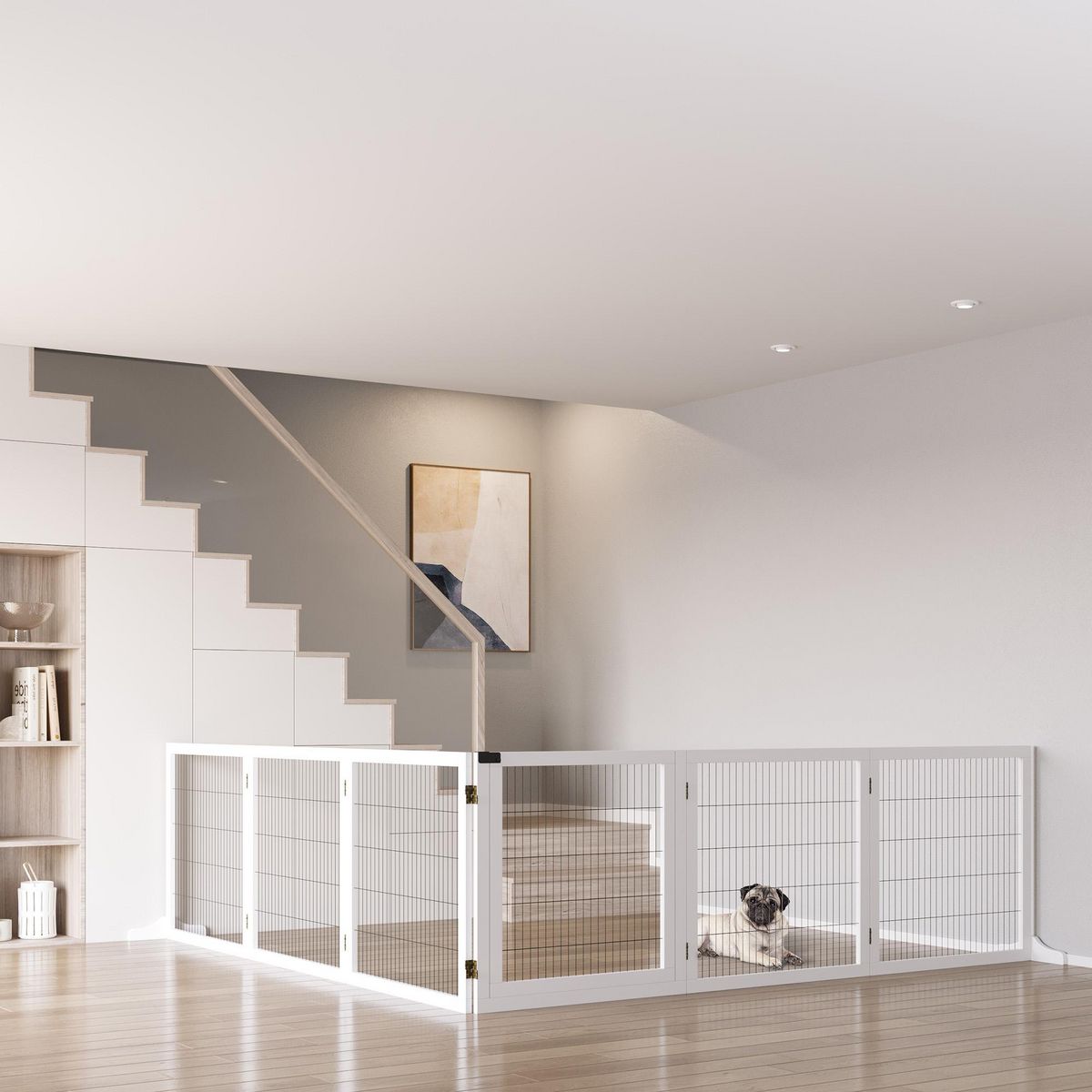 PAWHUT Barrière de sécurité parc enclos chien modulable pliable porte verrouillable intégrée 5 panneaux grillage acier noir bois de pin blanc