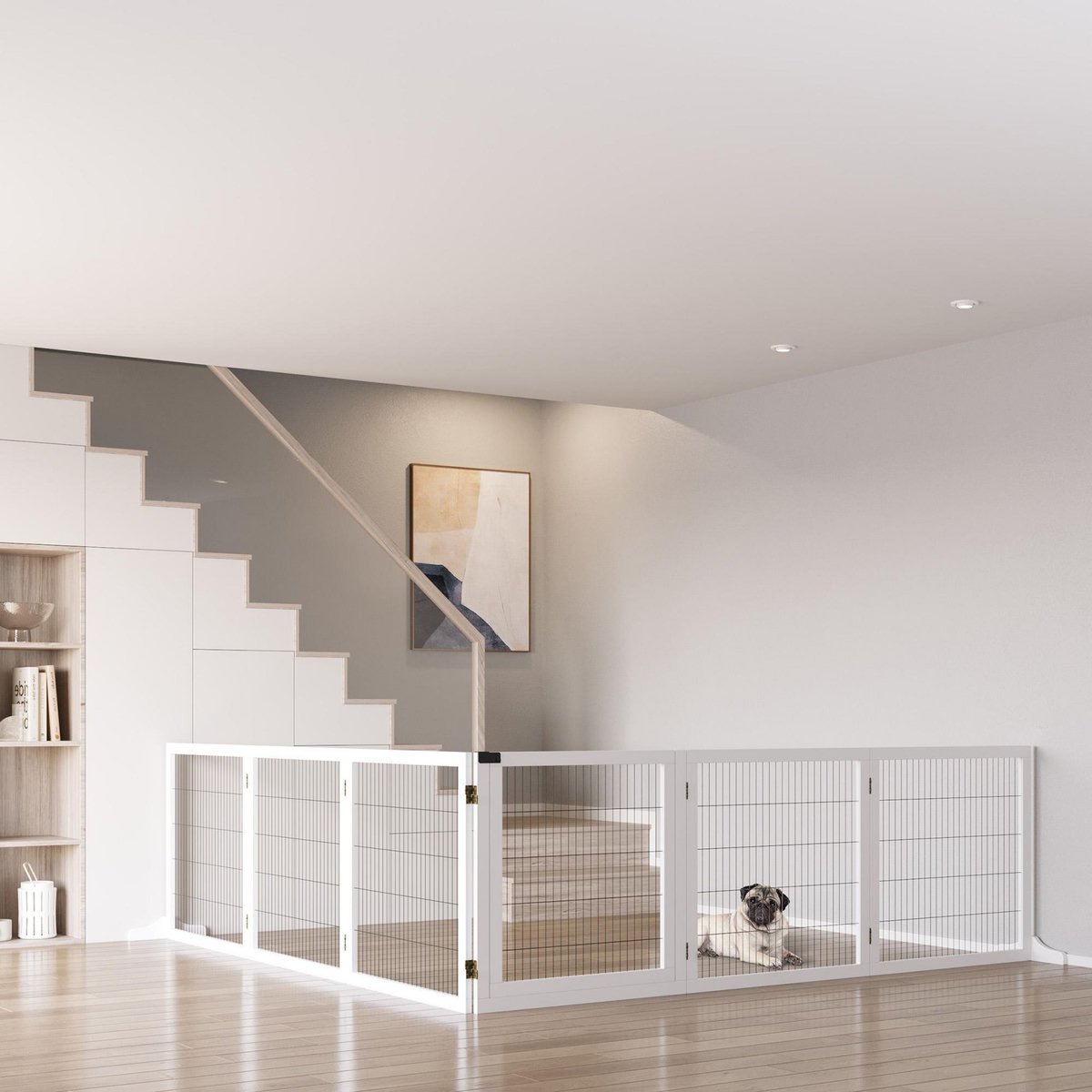 PAWHUT Barrière de sécurité parc enclos chien modulable pliable porte verrouillable intégrée 5 panneaux grillage acier noir bois de pin blanc