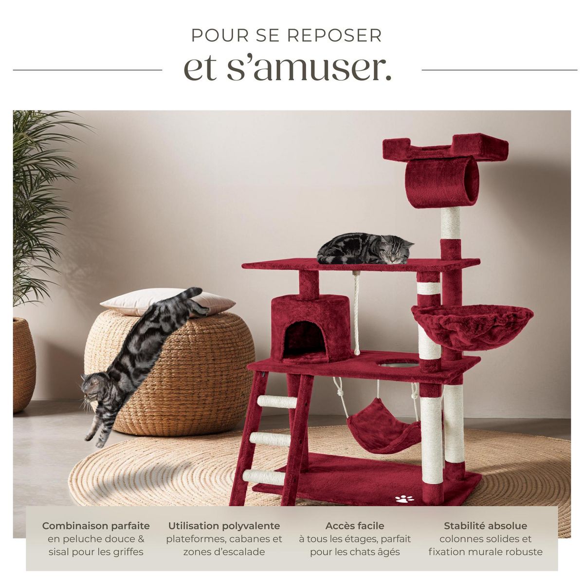 tectake Arbre à chat 141 cm avec griffoir et plateforme d'escalade rouge bordeaux