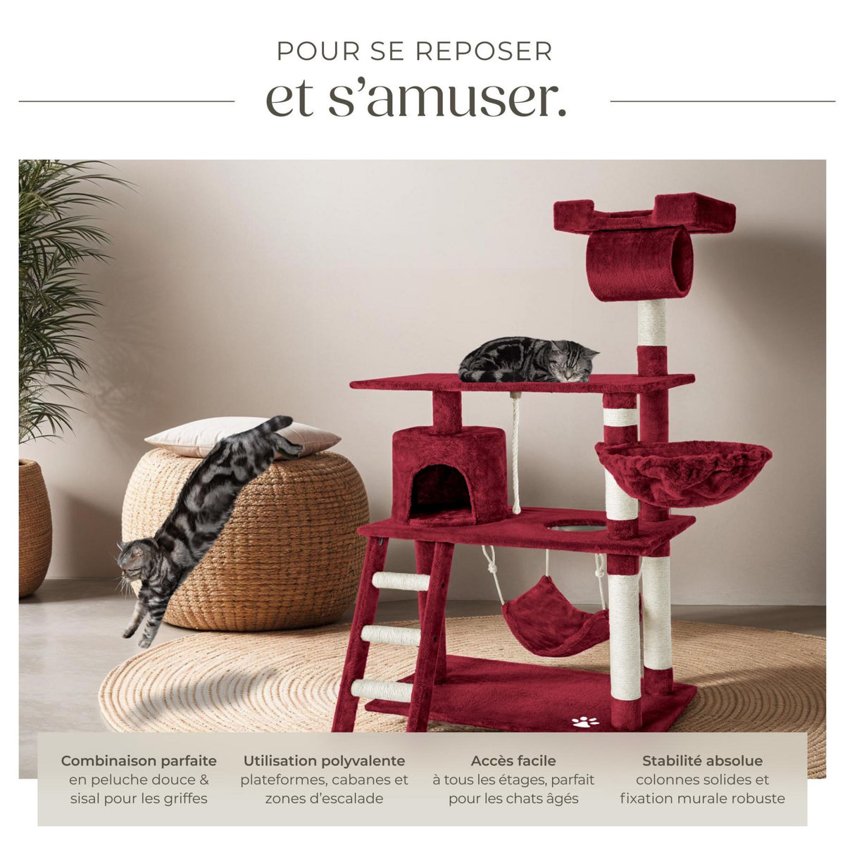 tectake Arbre à chat 141 cm avec griffoir et plateforme d'escalade rouge bordeaux