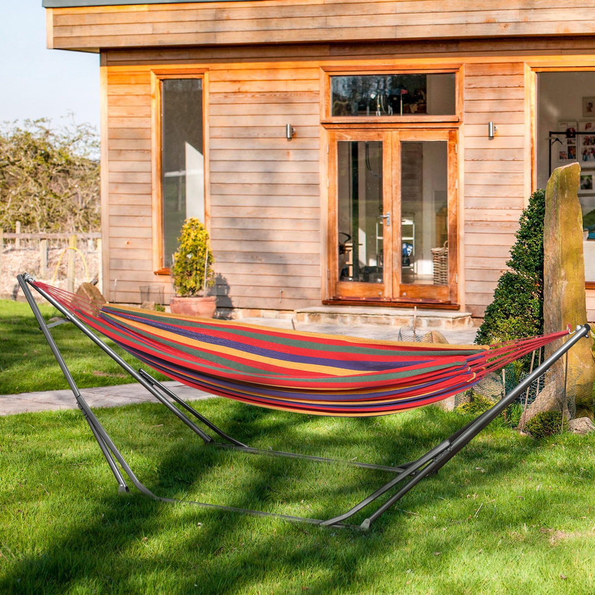 OUTSUNNY Support de hamac pliable et réglable structure en acier noir