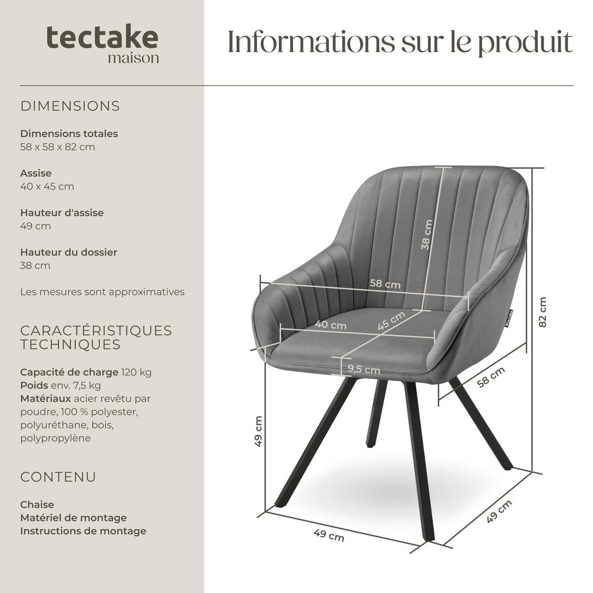 tectake Chaise pivotante avec accoudoirs rembourrée aspect velours gris