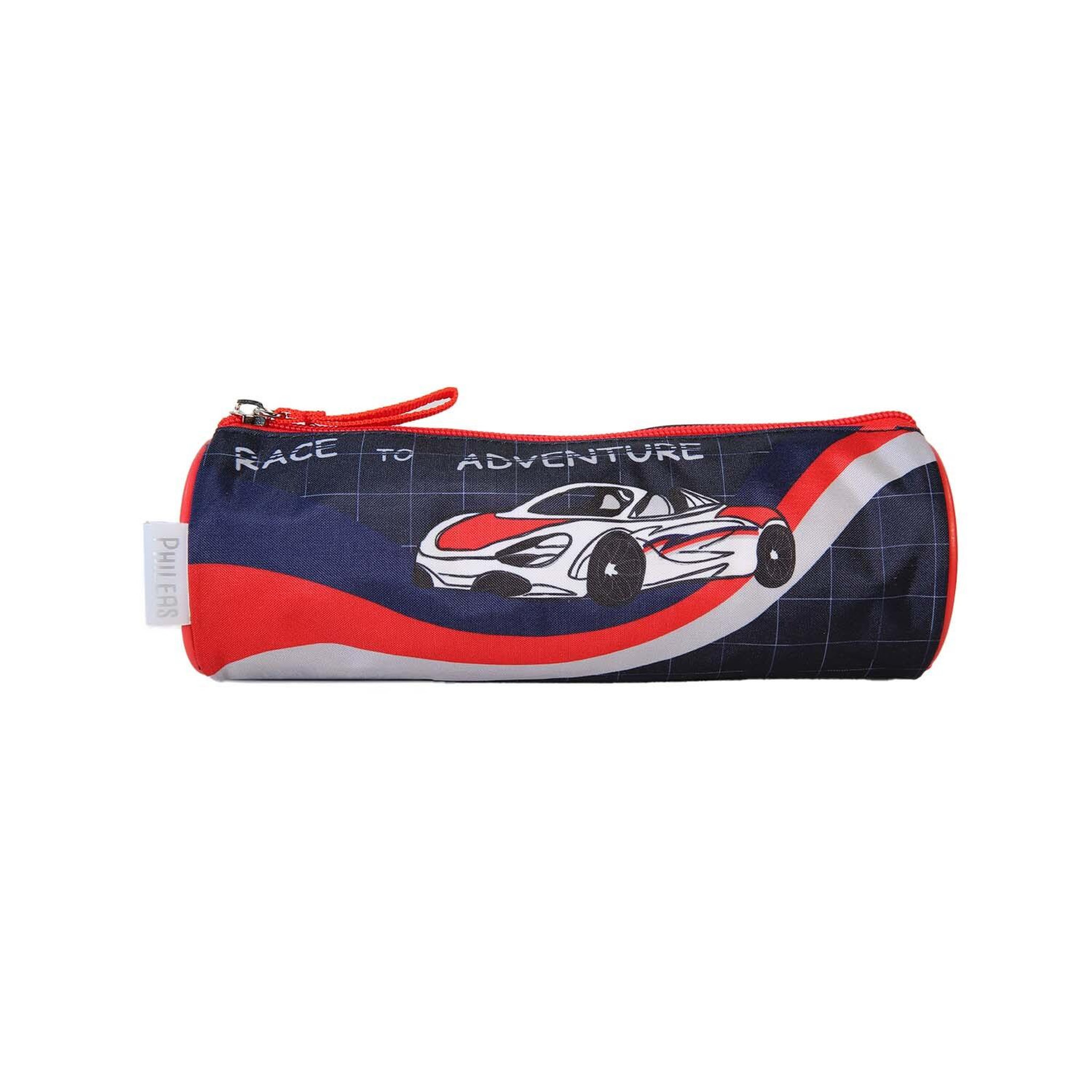 Bagtrotter Phileas - Trousse scolaire ronde Voiture - Bleu/Rouge - Garçon - 1 compartiment zippé