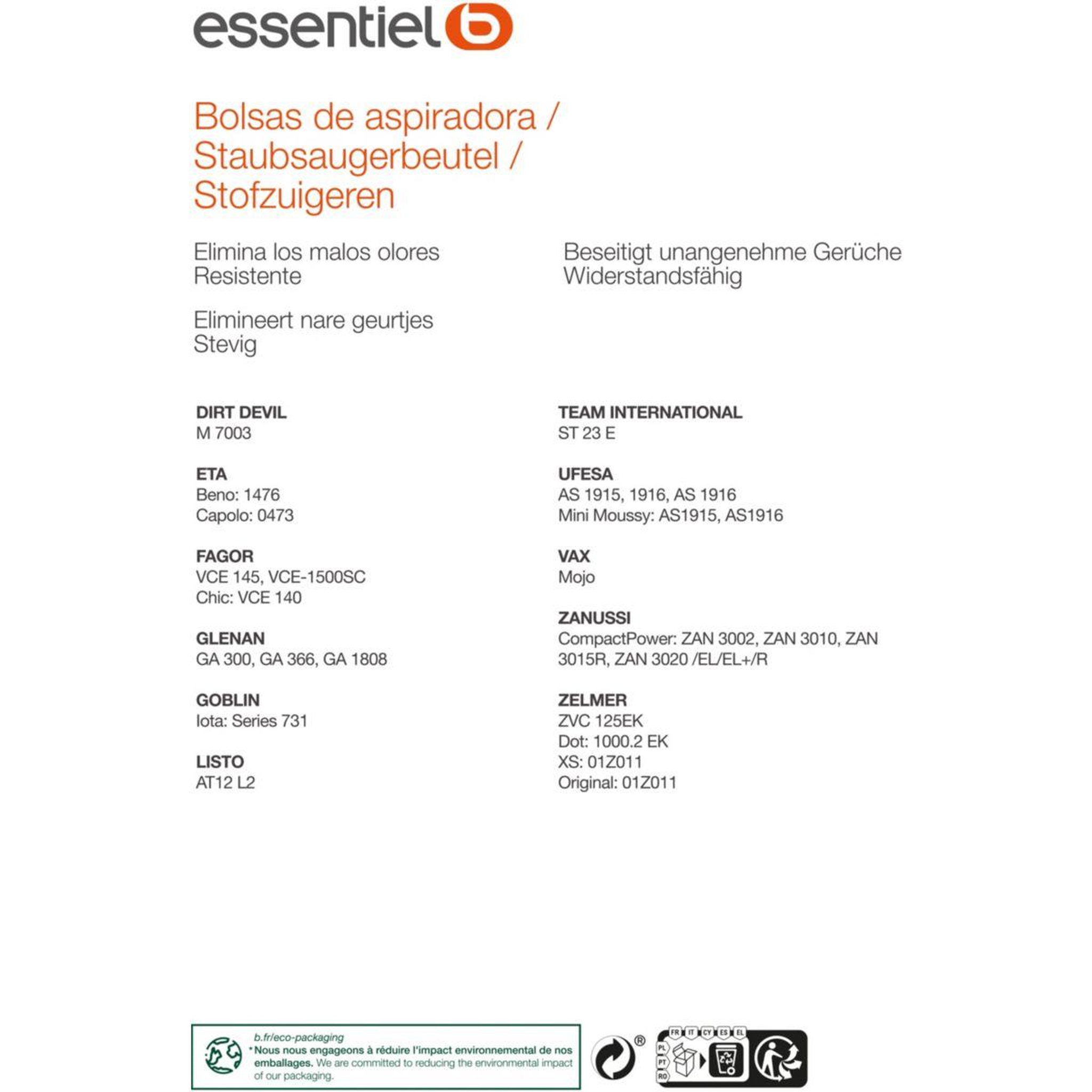 Voir la diapositive 2 : ESSENTIEL B Sac aspirateur eb4600