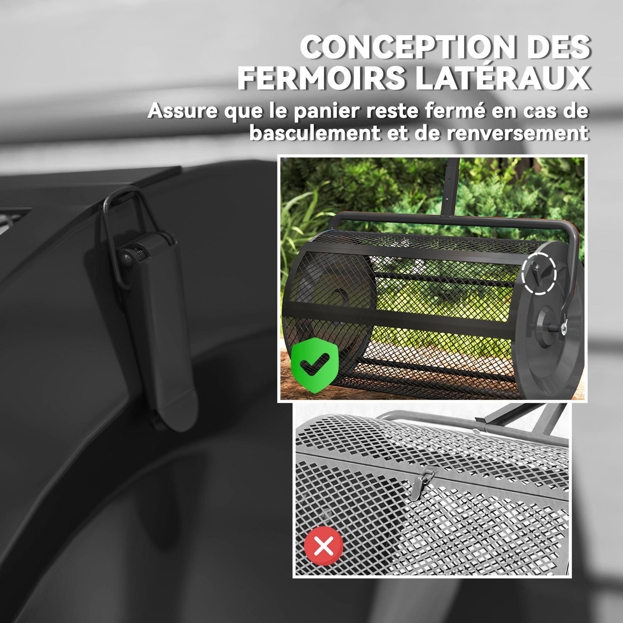 Voir la diapositive 5 : OUTSUNNY Épandeur de compost 75L - rouleau épandeur - poignée telescopique réglable - métal noir