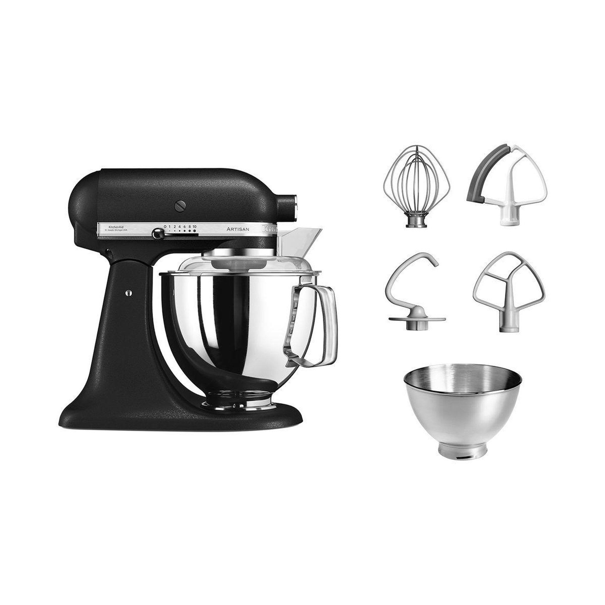 KitchenAid Robot pâtissier 5ksm175psebk artisan truffe noire, 4,8 l, bol avec poignée + bol 3 l, batteur souple et couvercle