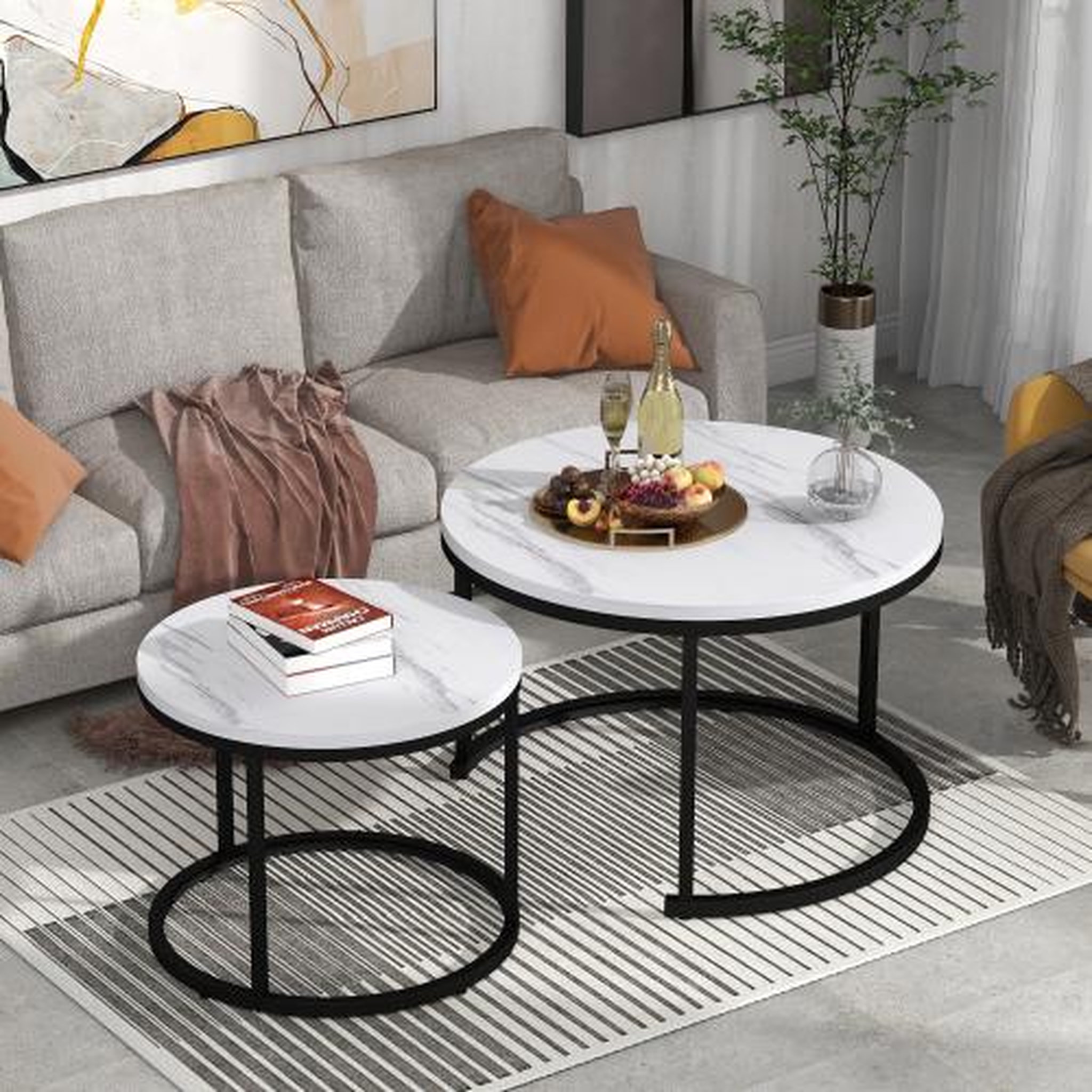 Voir la diapositive 3 : MERAX Ensemble De 2 Tables Basses Rondes Avec Cadre En Métal Et Plateau En Panneaux Placage Marbre Blanc