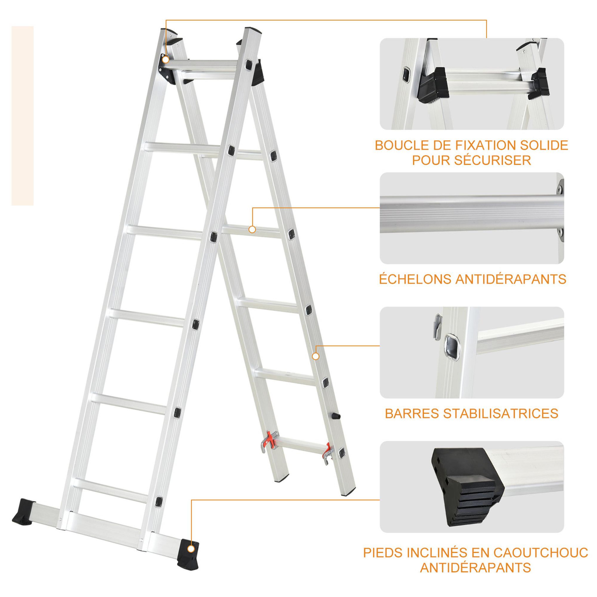 Voir la diapositive 6 : HOMCOM Échelle multifonction pliable aluminium 2 positions 2,49 m 10 échelons certification nf en131 max. 150 kg