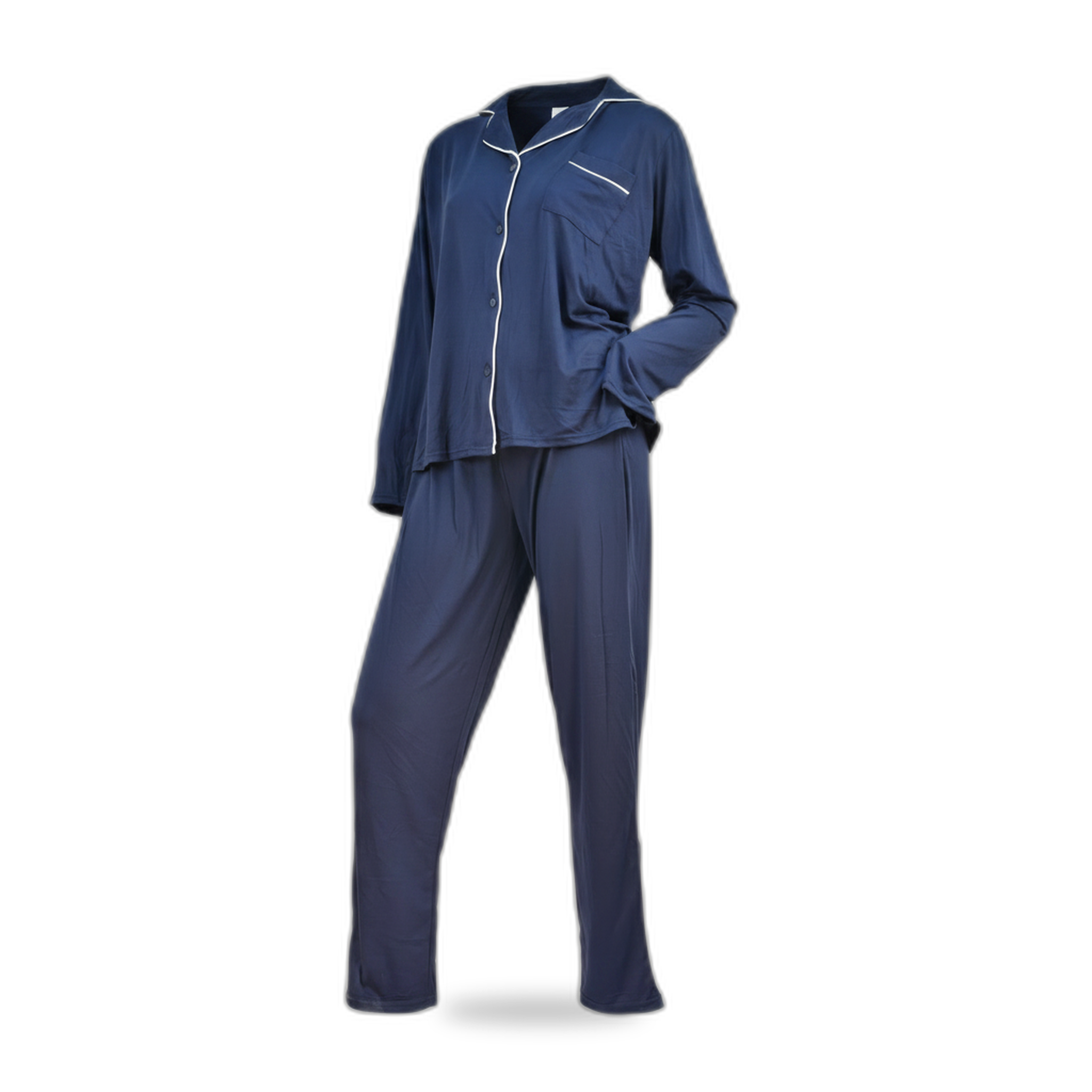 OZABI Infinitif paris ensemble pyjama long femme col chemise passepoil blanc. Coloris disponibles : Bleu