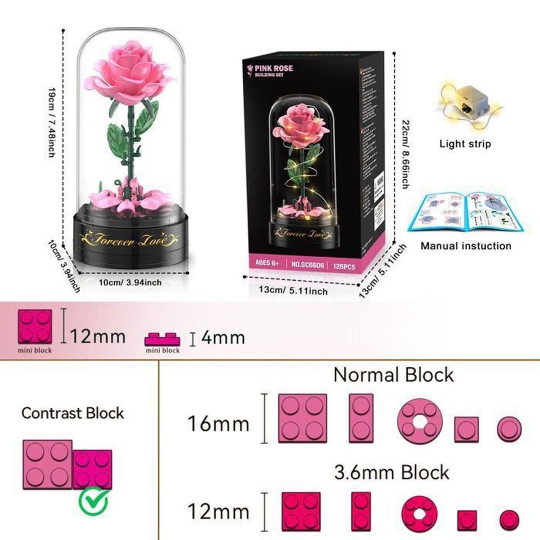 Voir la diapositive 2 : Kit de construction bouquet de roses gothiques avec LEDs intégrées, 126 pièces, fleurs rose et base noire