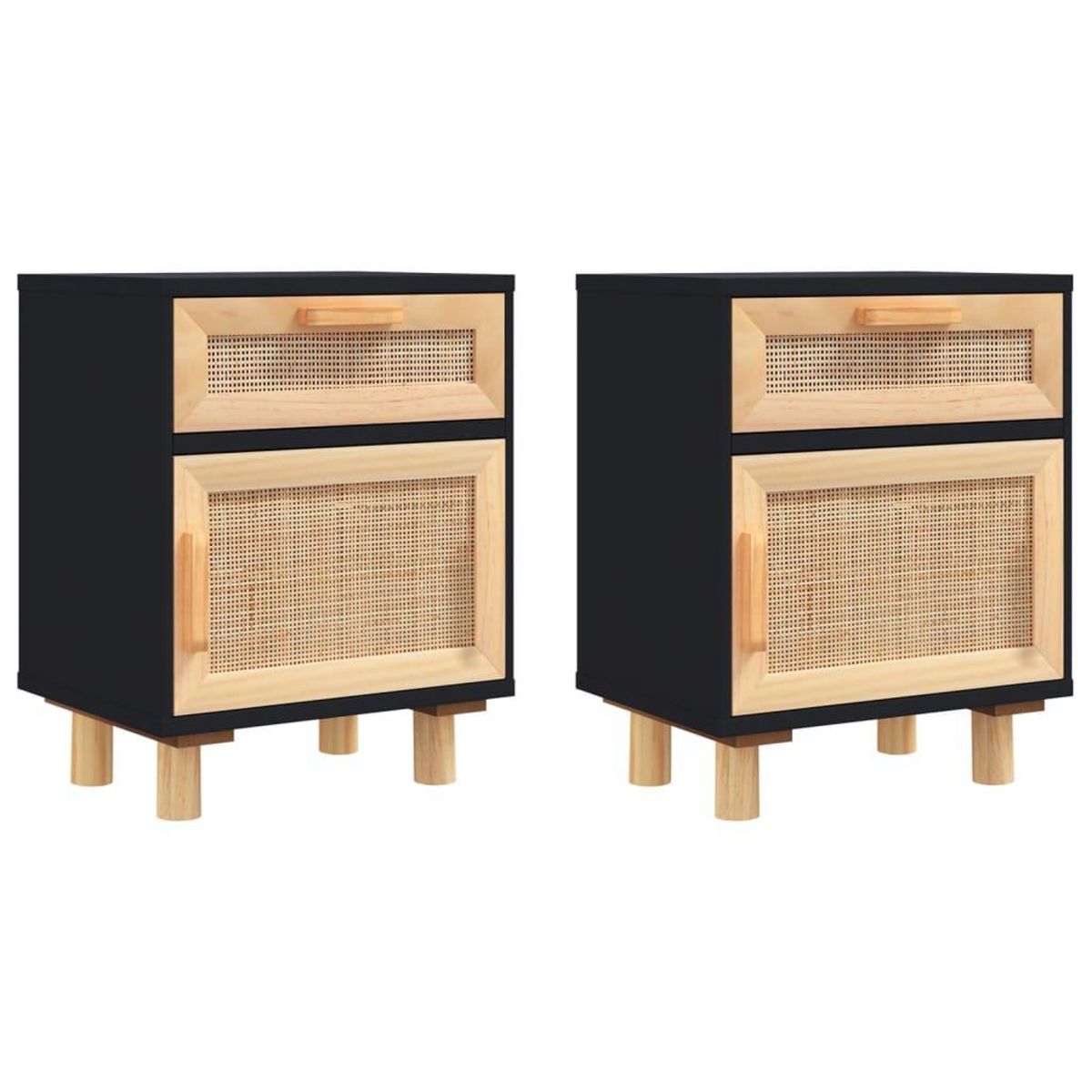 VIDAXL Tables de chevet 2 pcs Noir Bois de pin massif et rotin naturel