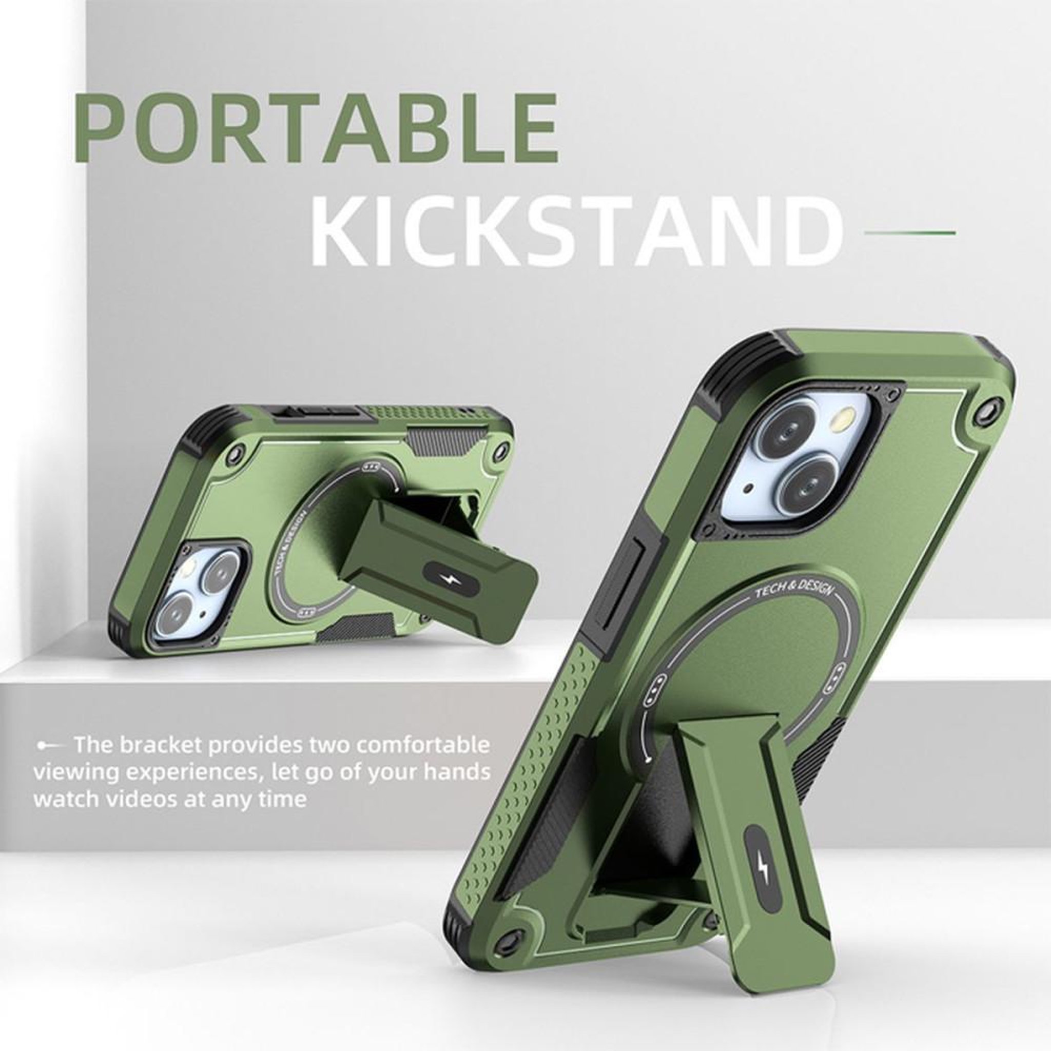 Voir la diapositive 4 : Coque antichoc 360° avec support kickstand MagSafe pour iPhone 15, verte
