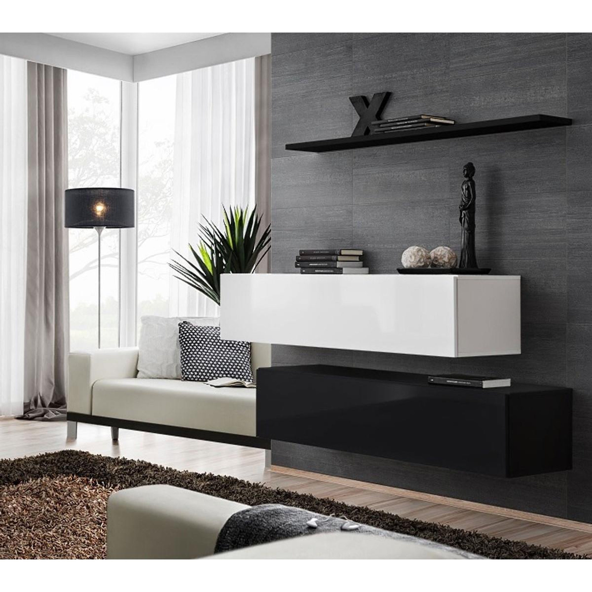 Voir la diapositive 2 : Paris Prix Lot de 2 bancs muraux & étagère  switch sbii  130cm blanc & noir