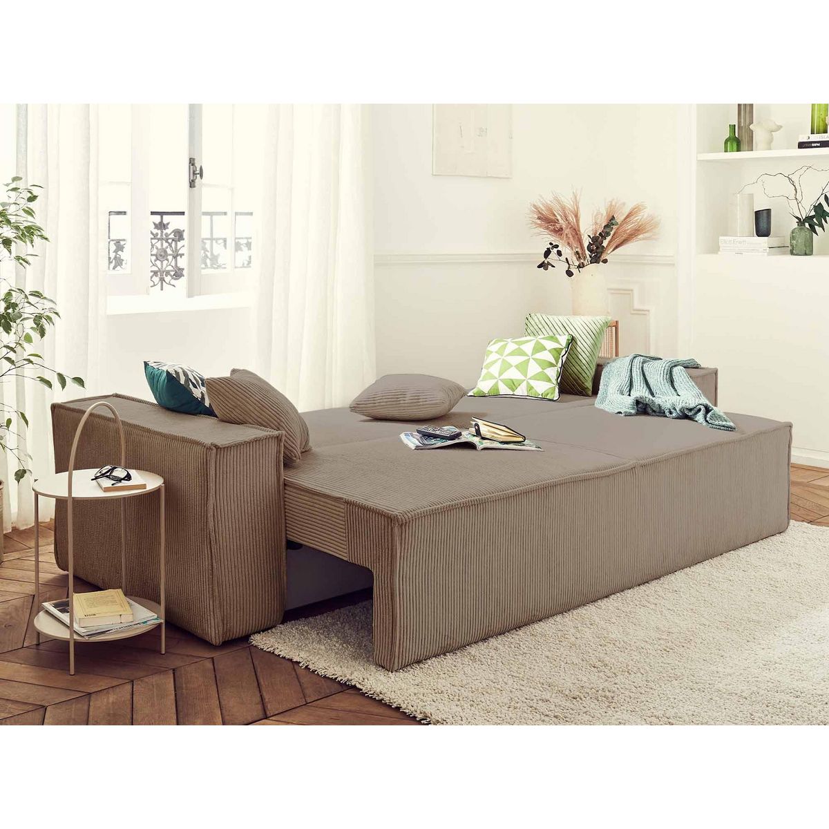 BEST MOBILIER Dellia - canapé 3 places convertible - avec coffre - en velours côtelé - style contemporain