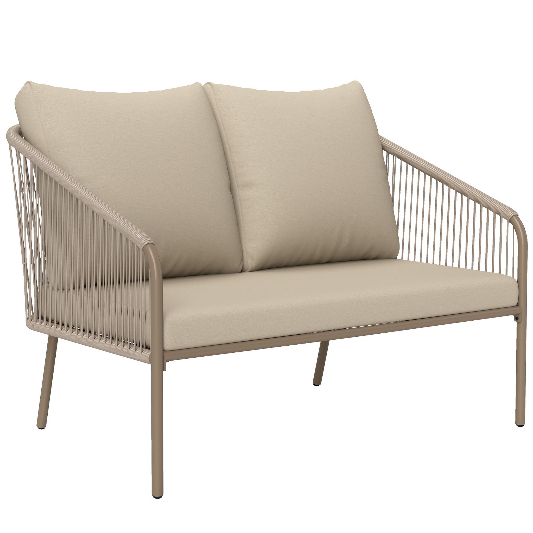 Voir la diapositive 1 : OUTSUNNY Canapé de jardin 2 places style bohème chic avec coussins assise dossier acier résine filaire grège