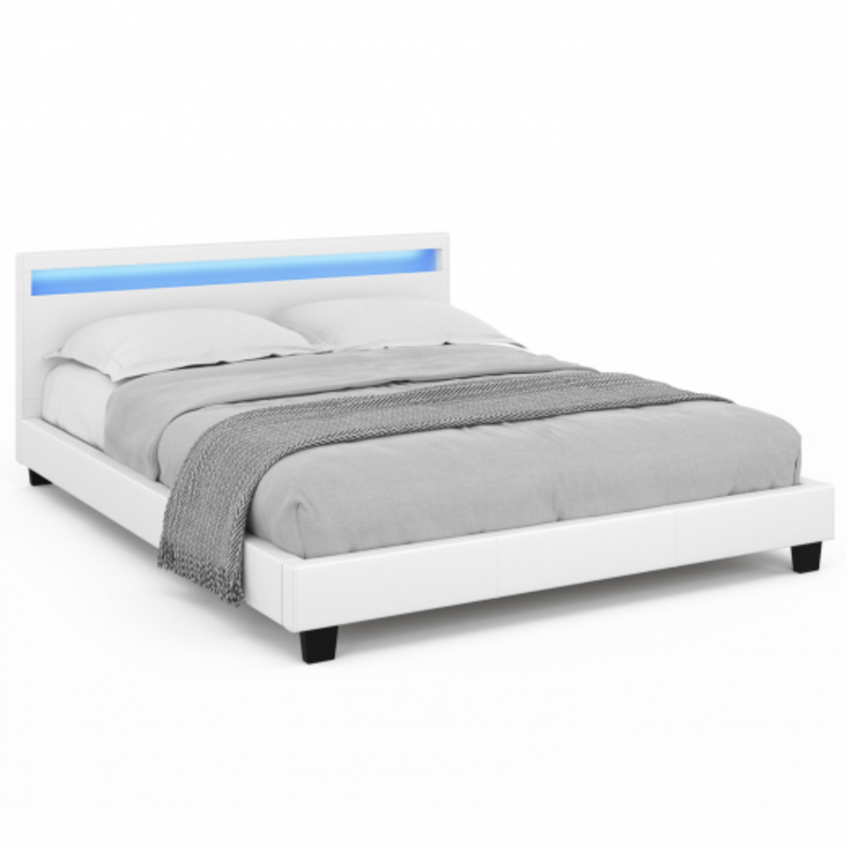 ID MARKET Lit double NEO avec tête de lit LED intégrées et sommier 160 x 200 cm PVC blanc