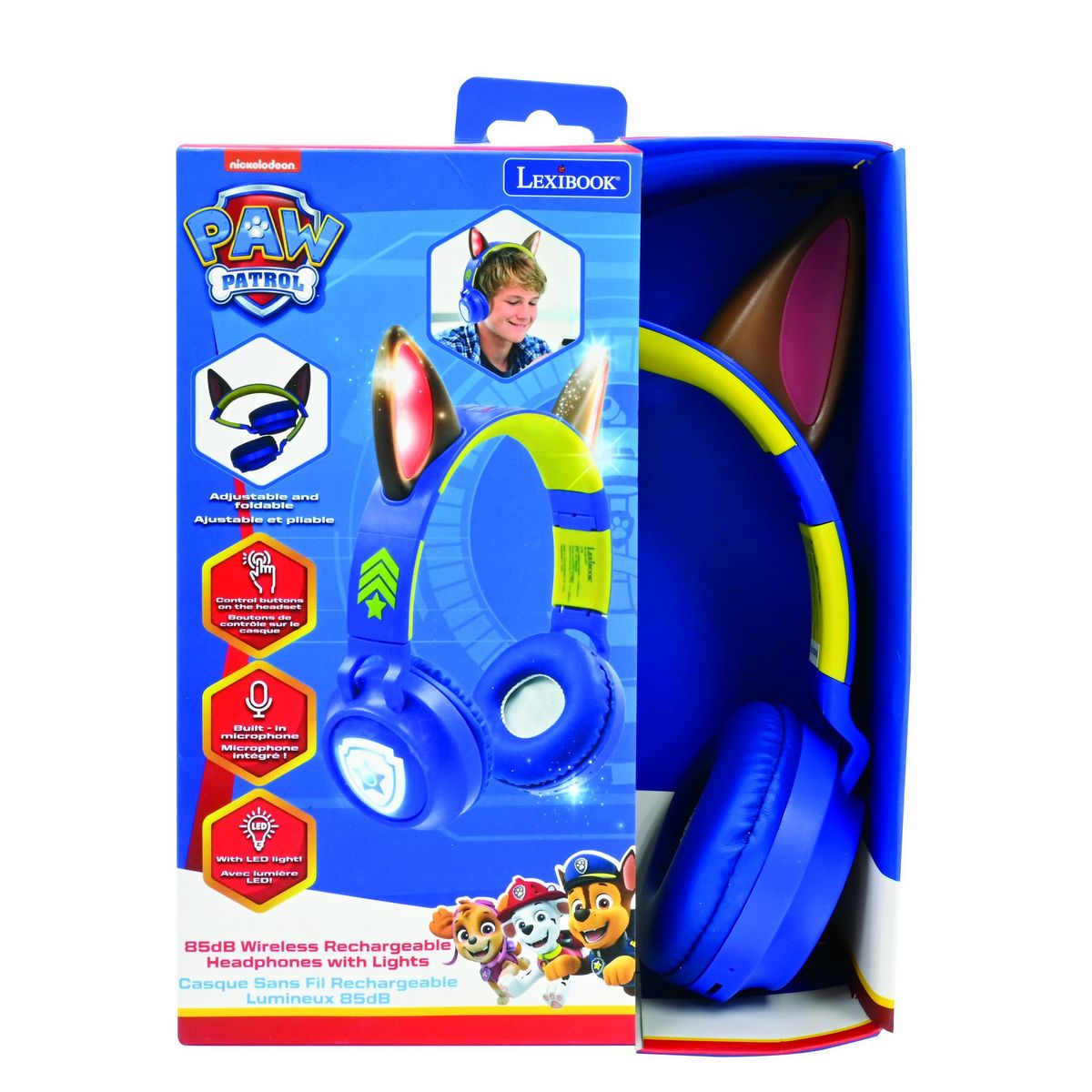Lexibook Casque lumineux pliable Bluetooth et filaire Chase de La Pat' Patroulle avec limitation du volume