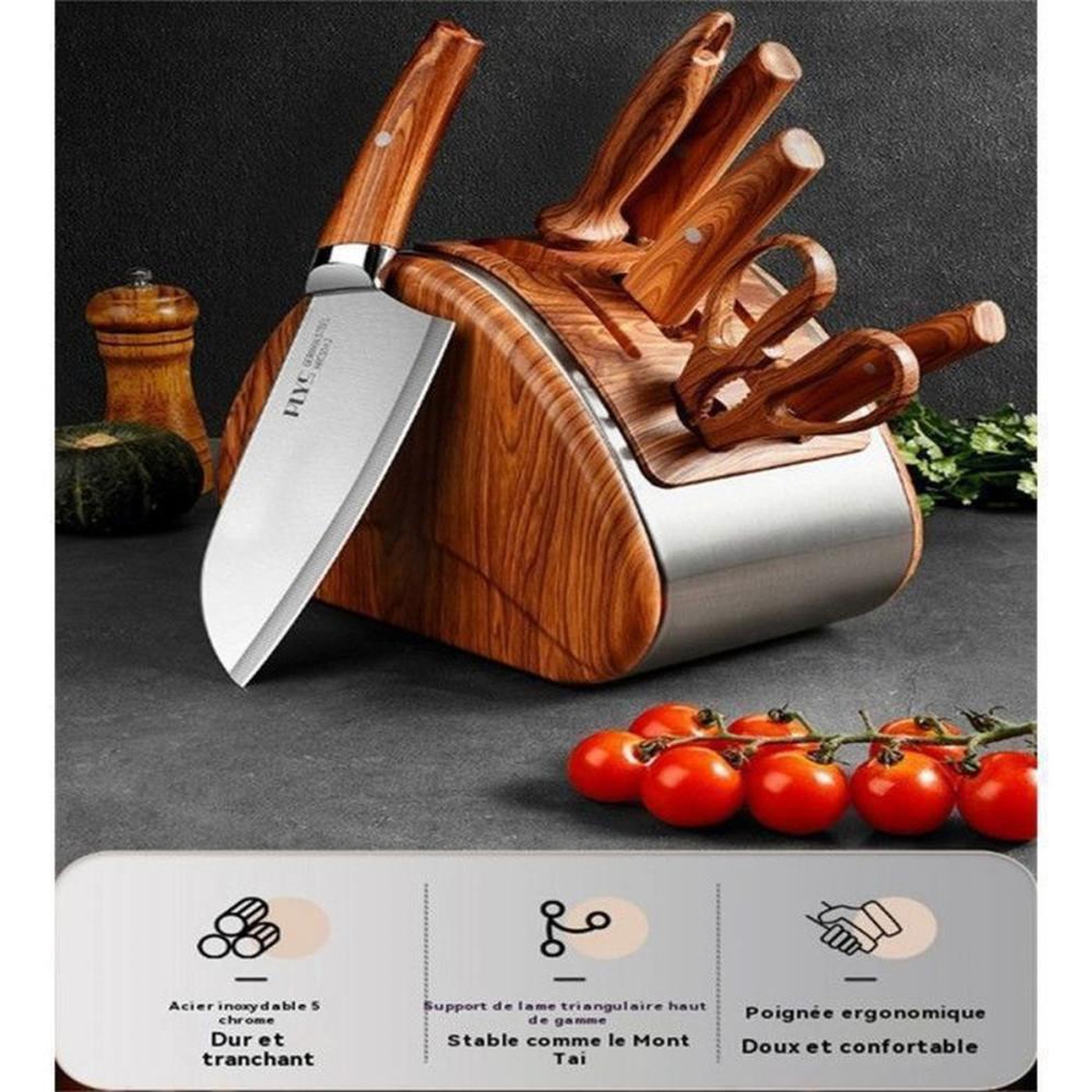Voir la diapositive 2 : Coffret couteaux de cuisine 7 pièces avec bloc SONOOK acier inox 5CR15 finition miroir