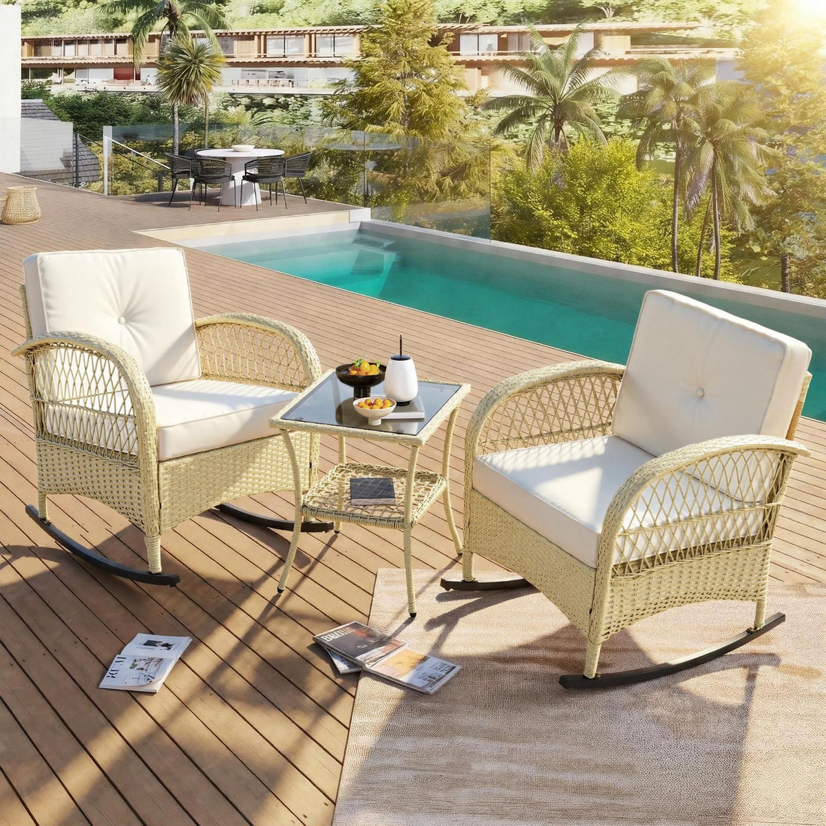 MERAX Salon de jardin 2 places avec 2 fauteuils bascule et table verre trempé