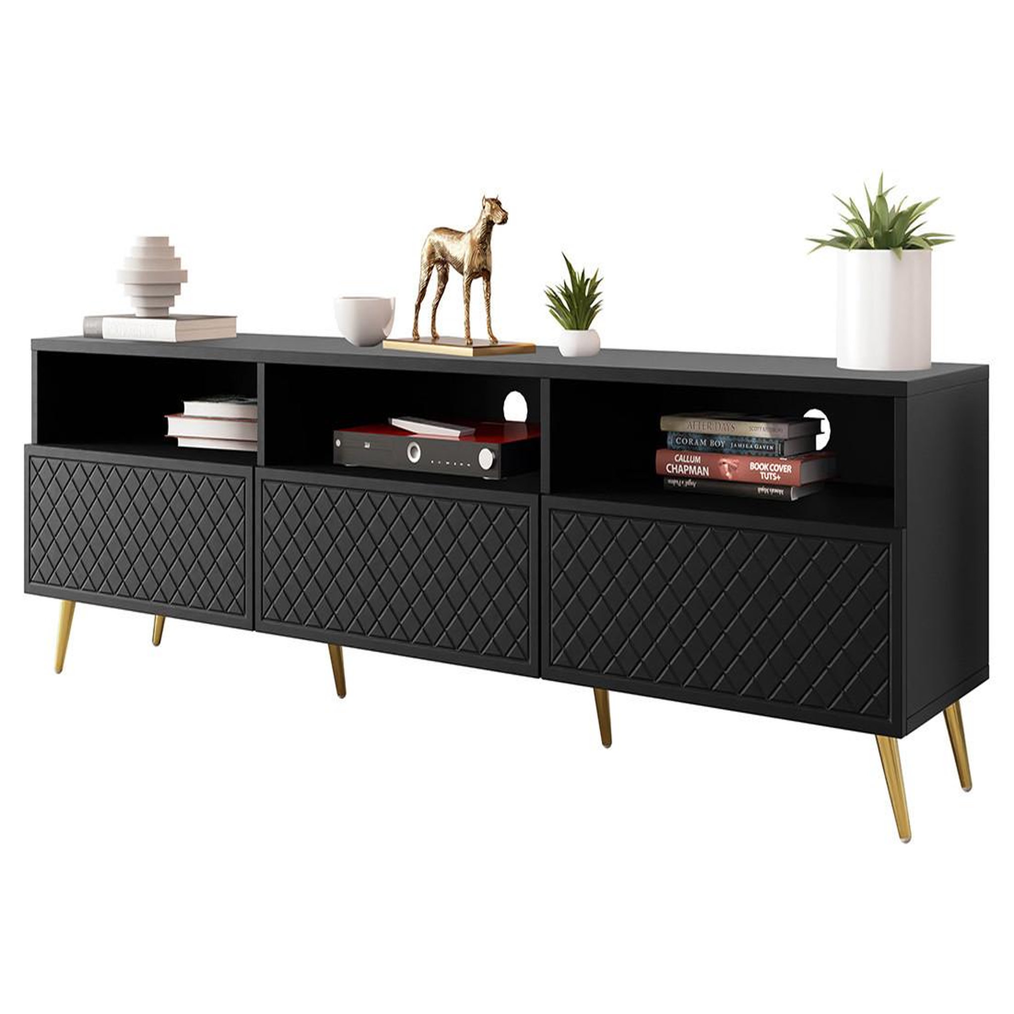 Voir la diapositive 2 : BEST MOBILIER Sorolla - meuble tv - 3 tiroirs et 3 niches - 195 cm