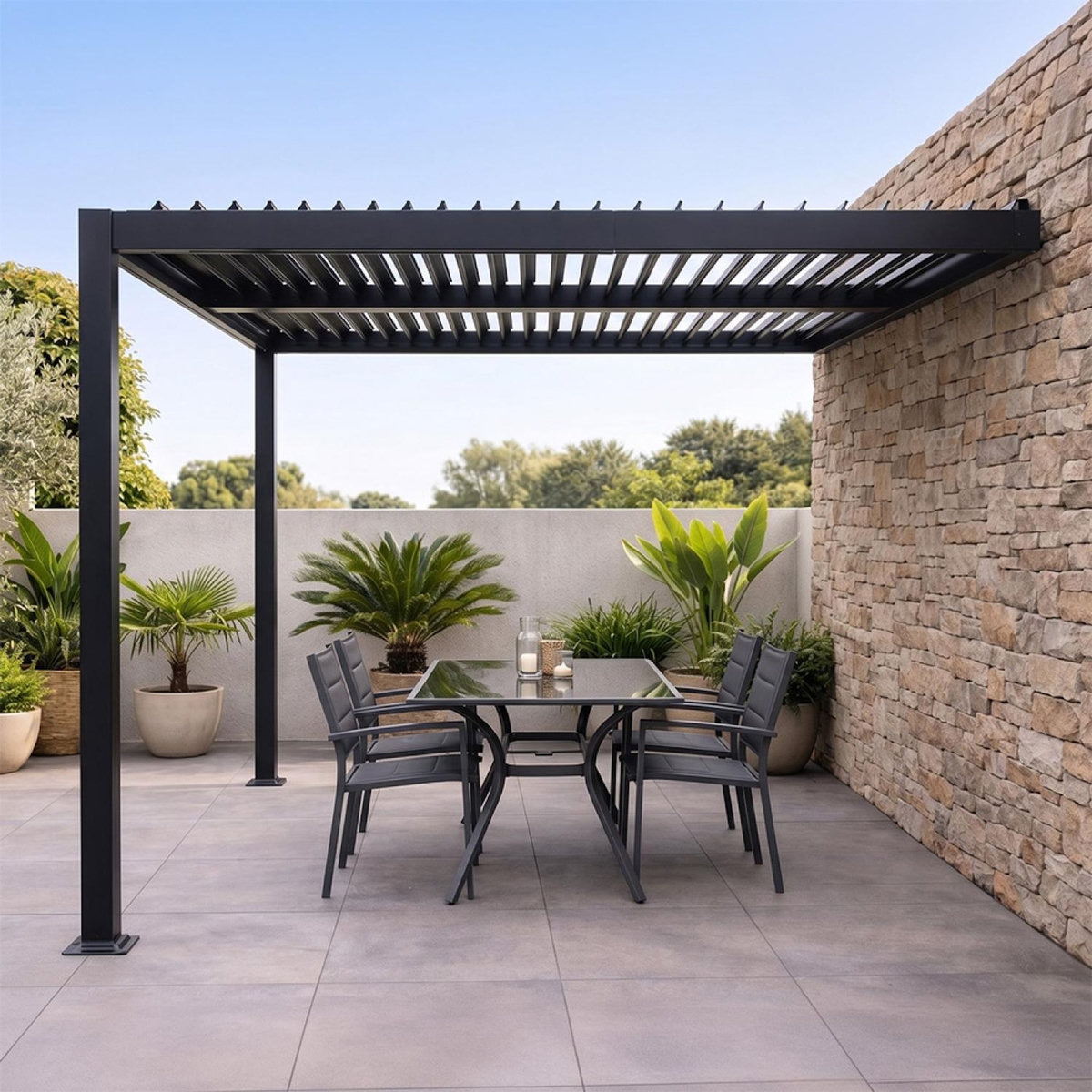 CONCEPT USINE Pergola bioclimatique adossée en aluminium noir 3x3m SIFNOS