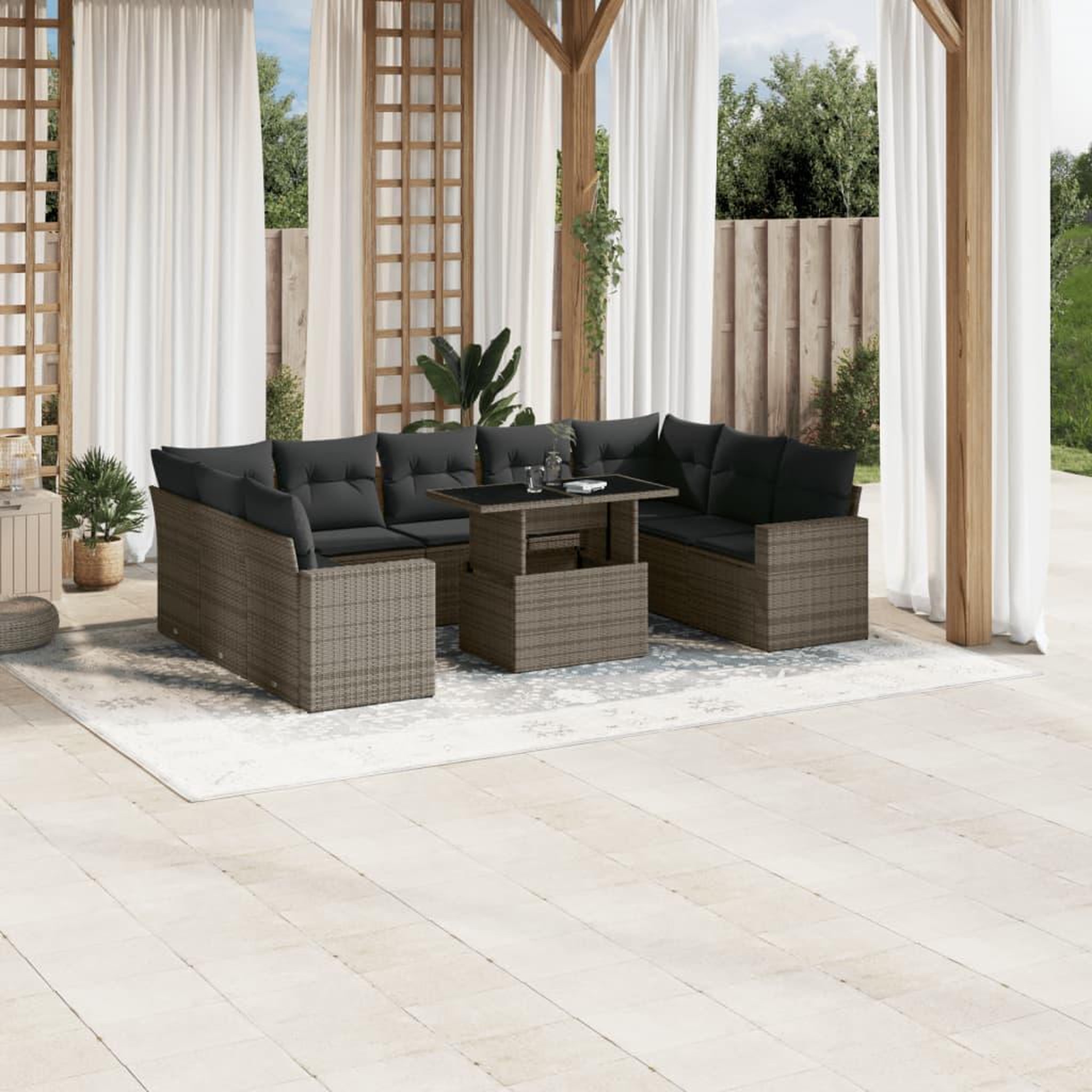 VIDAXL Salon de jardin avec coussins 10 pcs gris resine tressee