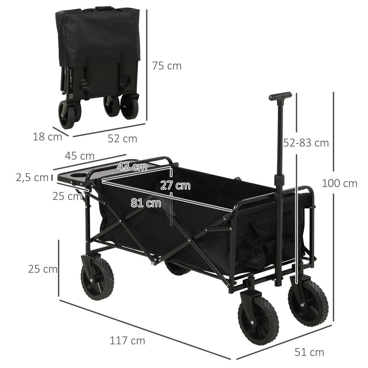 OUTSUNNY Chariot de jardin pliable 4 roues poignée télescopique réglable rangements noir