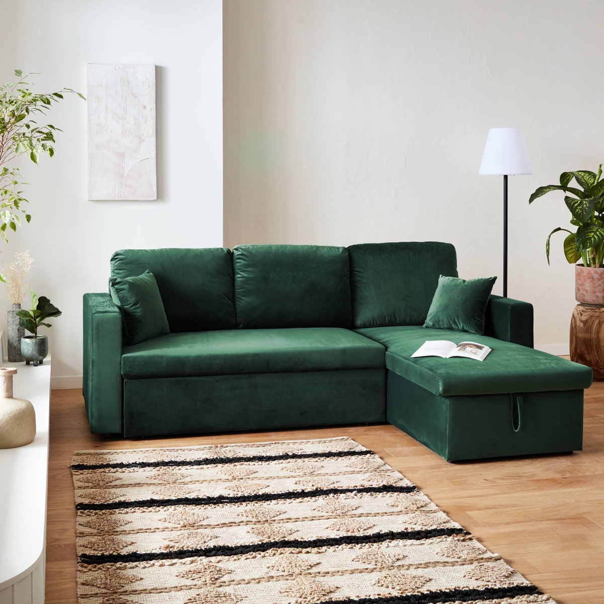 SWEEEK Canapé d'angle convertible en velours vert anglais 3 places. fauteuil d'angle réversible coffre rangement lit modulable