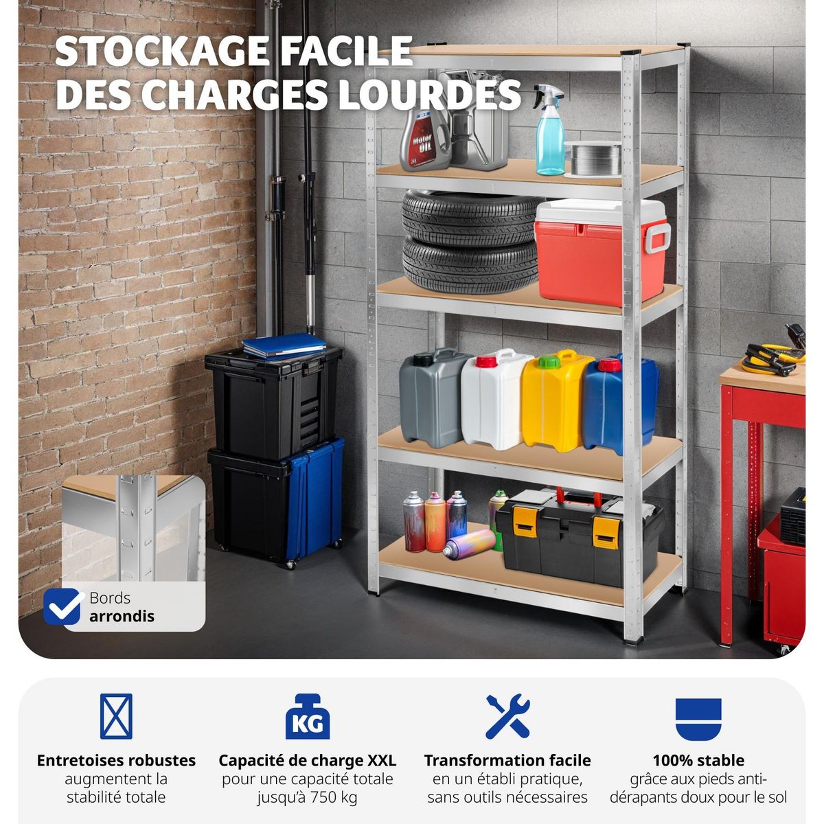 tectake Étagère pour charges lourdes structure en acier galvanisé argent 180 x 90 x 40 cm, 750 kg