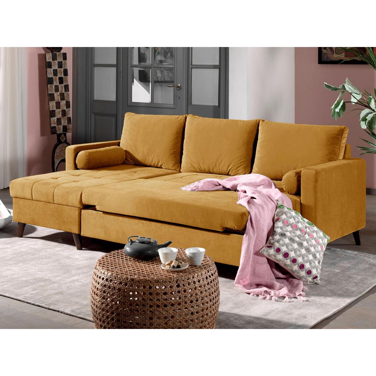 BEST MOBILIER Polar - canapé d'angle réversible convertible - en velours au design scandinave - 4 places